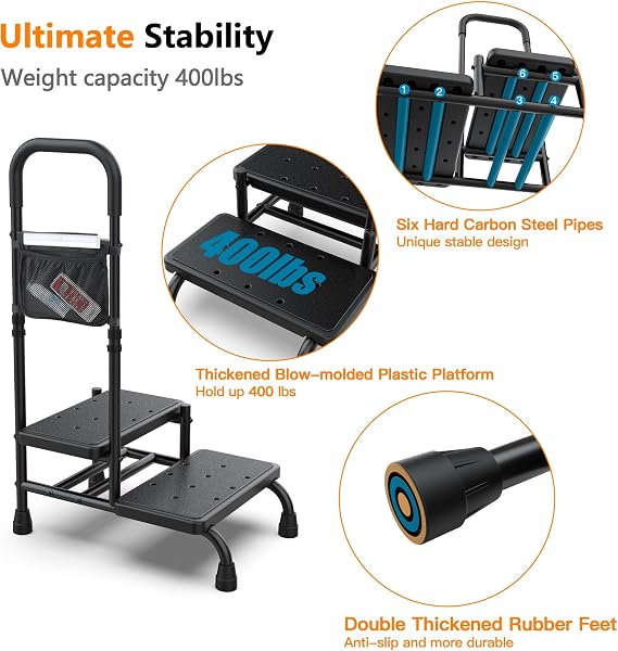 2 Step Stool with Handle for Elderly, Adjustable Handrail, Sensor Light