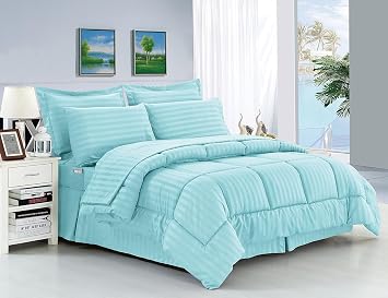 Elegant Comfort Silky Soft 8-Piece Dobby Stripe Bed-in-a-Bag Comforter Set, Includes 4pc Smart Sheet Set, Bed Skirt, Comforter, Matching Pillowcases and Shams - Twin/Twin XL, Light Blue