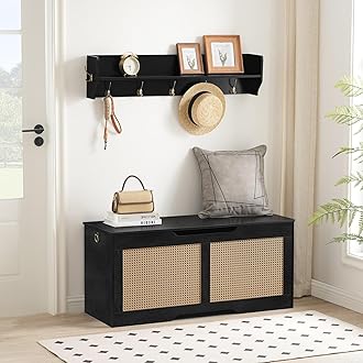 HOOBRO Storage Chest, 43.3" Storage Bench, Rattan-Like Storage Trunk, Sturdy Entryway Bench Supports 220 lb, Shoe Bench, Safety Hinge, U-Shaped Opening, Easy Assembly, Black BB22CW01