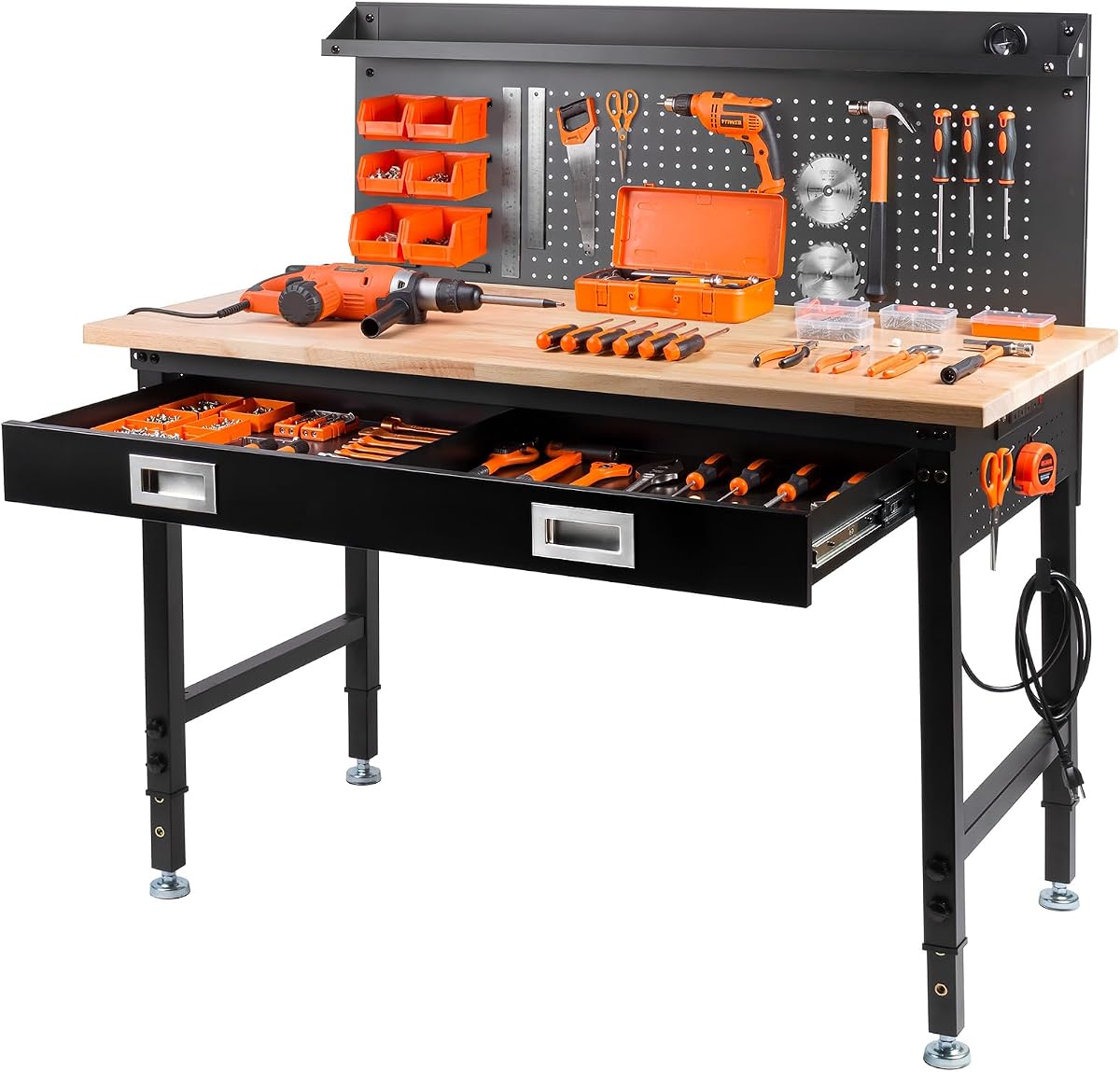 48" Adjustable Work Bench with Drawers, Workbench for Garage with Strip Light, Work Table with Large Pegboard, 2000 LBS Heavy Duty Table with Power Outlet Rubber Wood for Office, Workshop