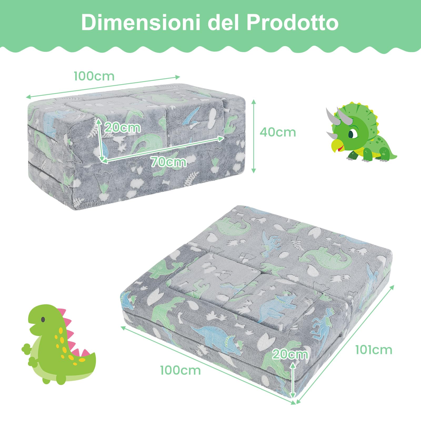 COSTWAY Divano Pieghevole 3 in 1 per Bambini Brilla al Buio, Poltrona Bambini con Rivestimento in Flanella Rimovibile e Lavabile, Pouf per Cameretta (Dinosauro Grigio)