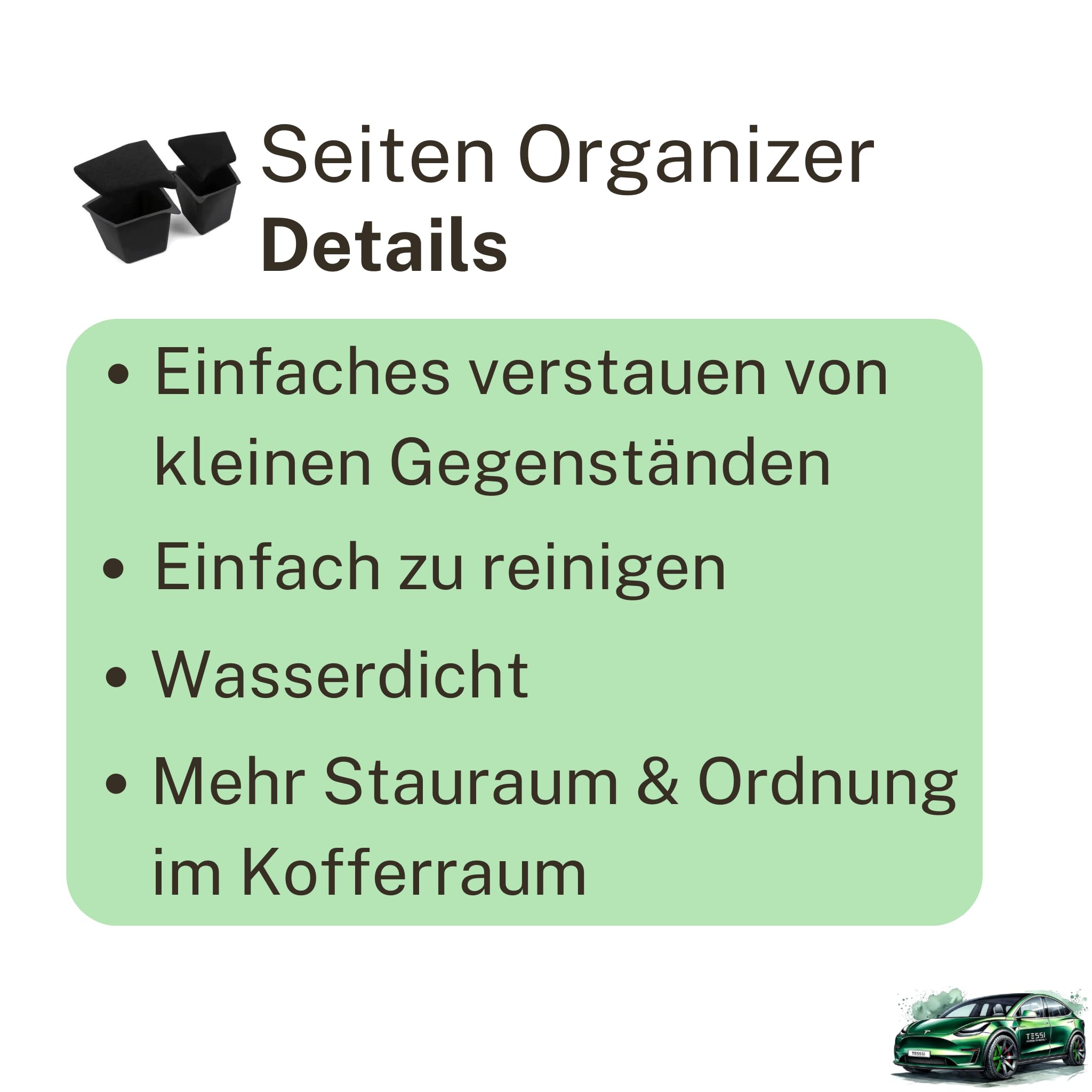 TESSI Trunk Seiten Organizer passend für das Tesla Model Y (Giga Berlin) - Mehr Stauraum - Ideal für Camping & für kleine Gegenstände - Für Model Y entwickelt - 2 Deckel zum schließen der Fächer