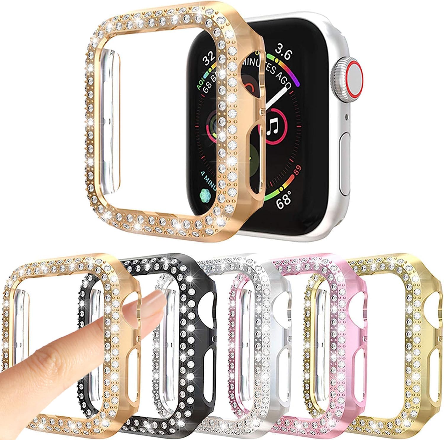 [5-Pack] Protector Case Compatible with Apple Watch Series 3 Series 2 Series 1 38mm Cover, Without Screen Film, Double Row Bling Crystal Diamonds Protective Cover Bumper Frame Accessories (38mm)