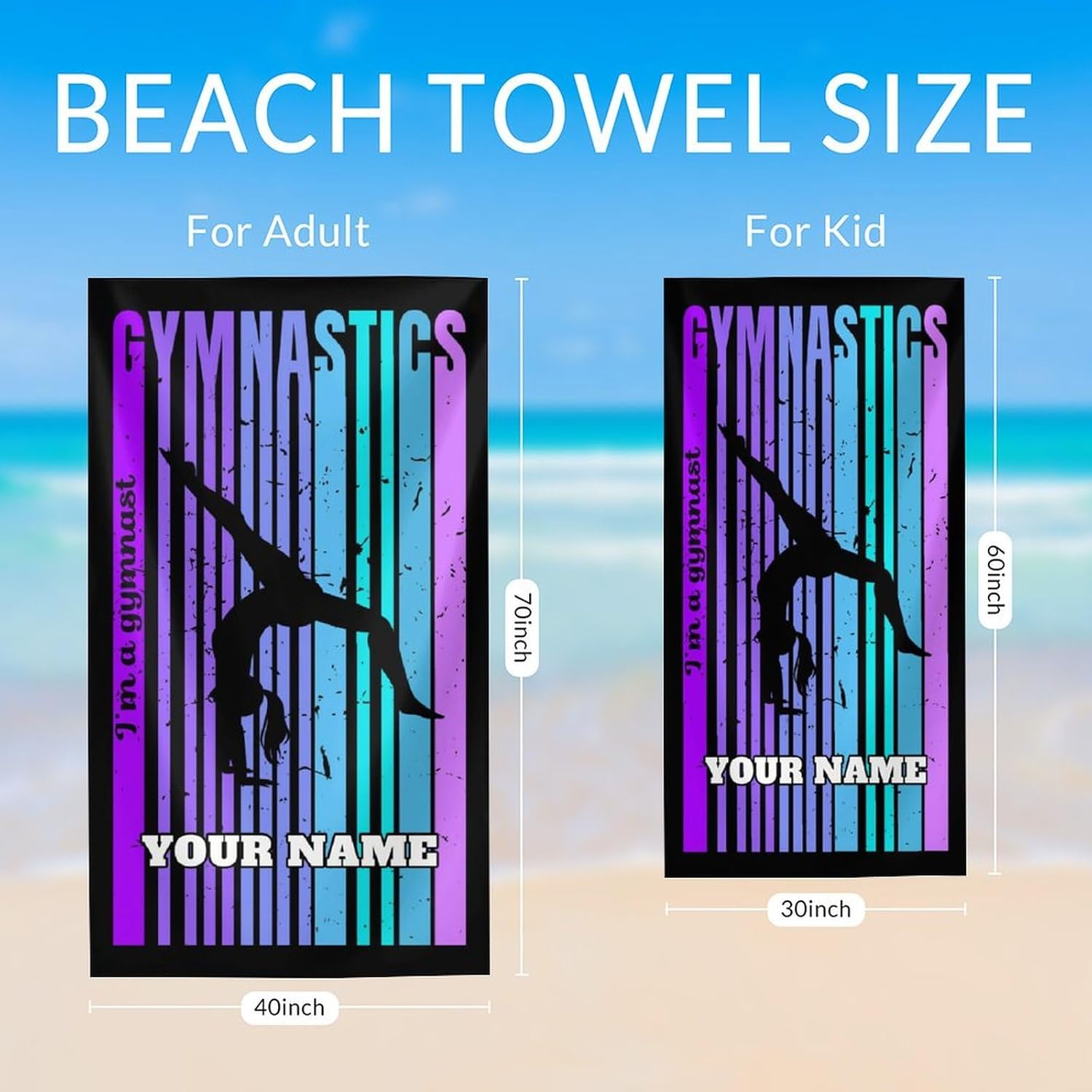 Personalized Gymnastic Beach Towel - Microfiber Quick Dry Sandproof Lightweight Towels for Beach, Travel, Camping - 40" x 70" Oversized Cute Beach Accessories for Women