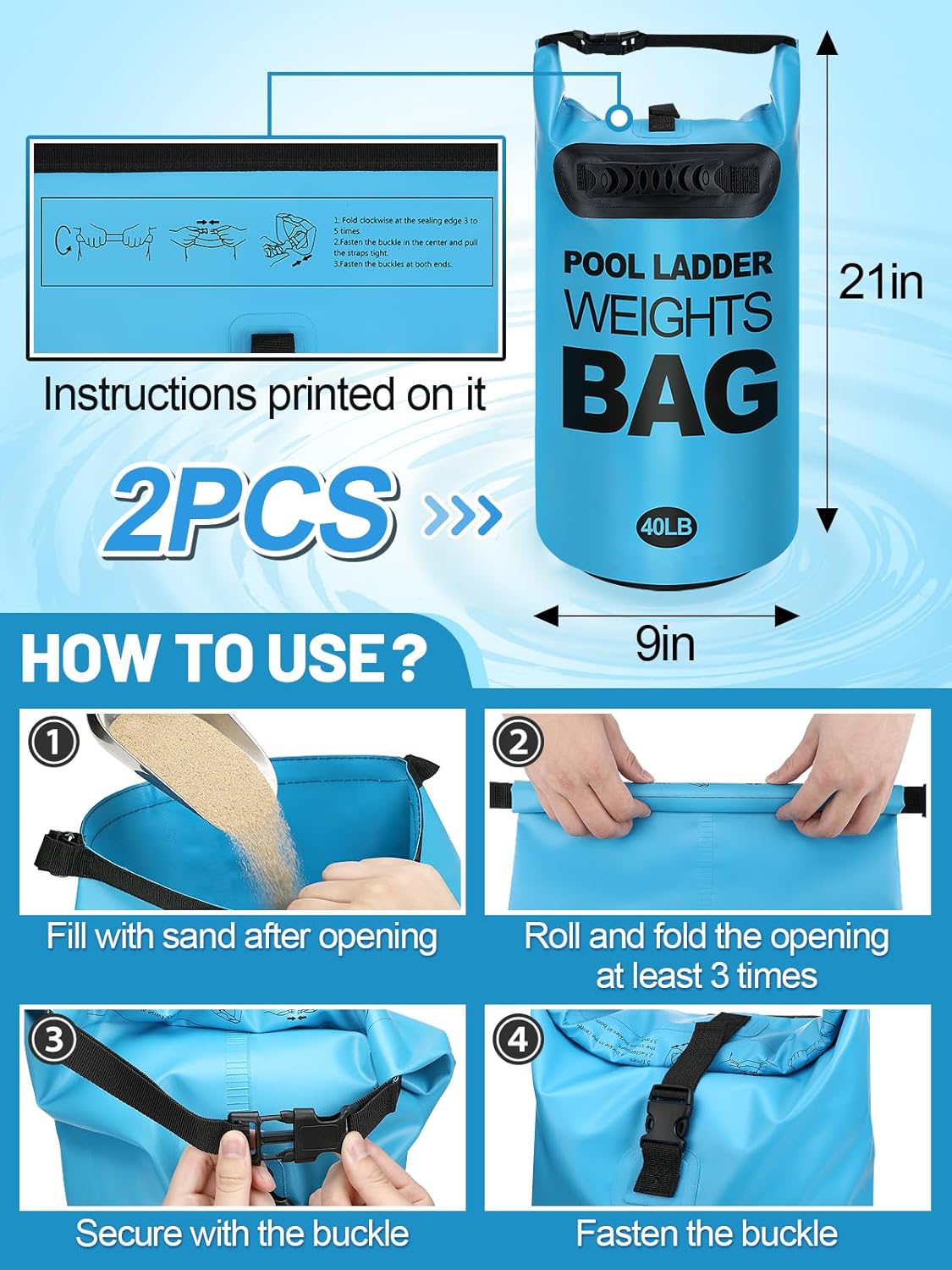 Heavy Duty Pool Ladder Weights - 40lbs Fillable Universal Sand Bags Step Anchors, 500D PVC Waterproof Tear-Resistance Foldable Sandbags for Above Ground Swimming Pools Stair Entry Systems, 2 Pack