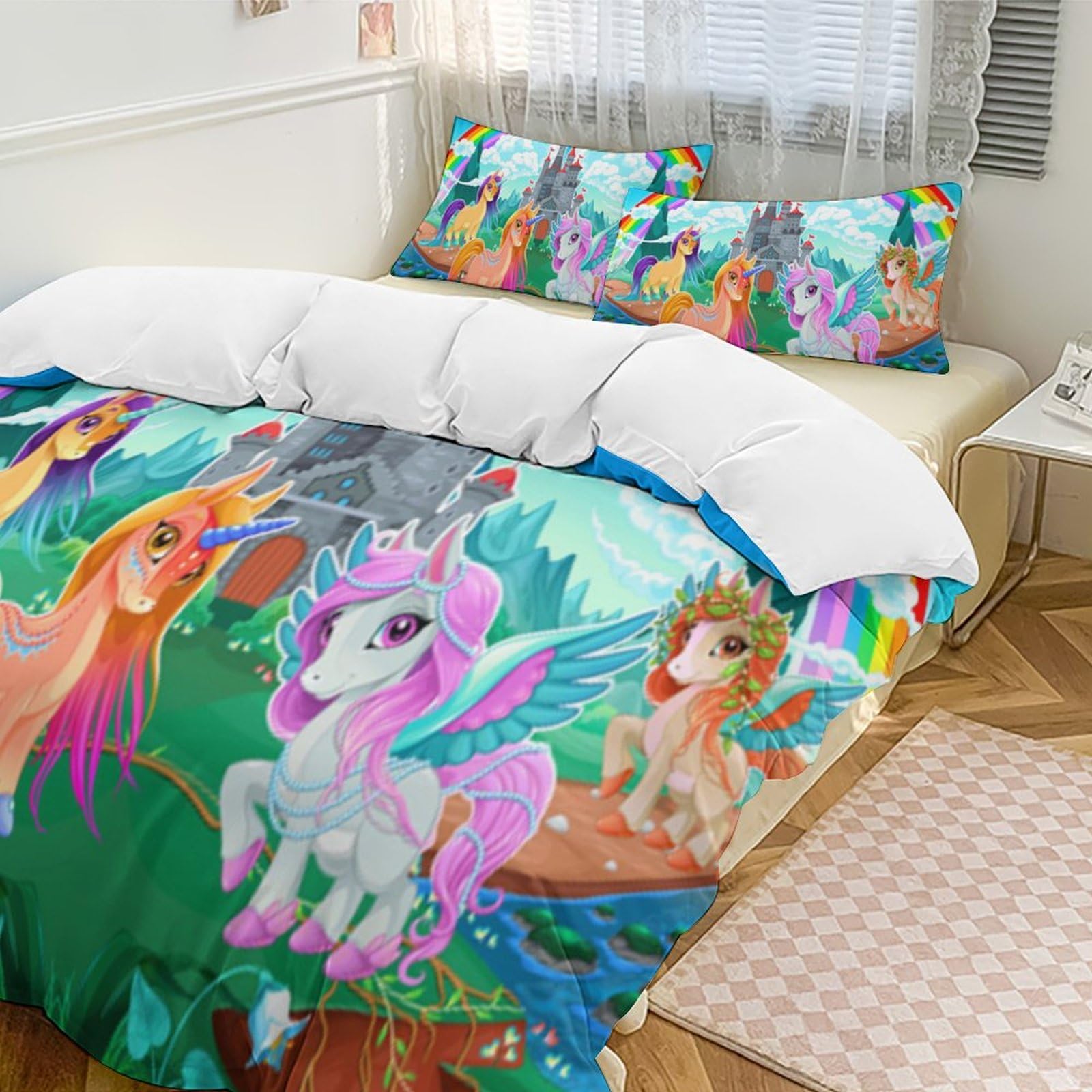 3 Piece Kids Duvet Cover Sets Cartoon Castle Rainbow Pattern Lightweight Soft Quilt Cover for Girls Teens Child Baby Soft Microfiber (1 Duvet Cover 90x102in + 2 Pillow Sham 20x30in)