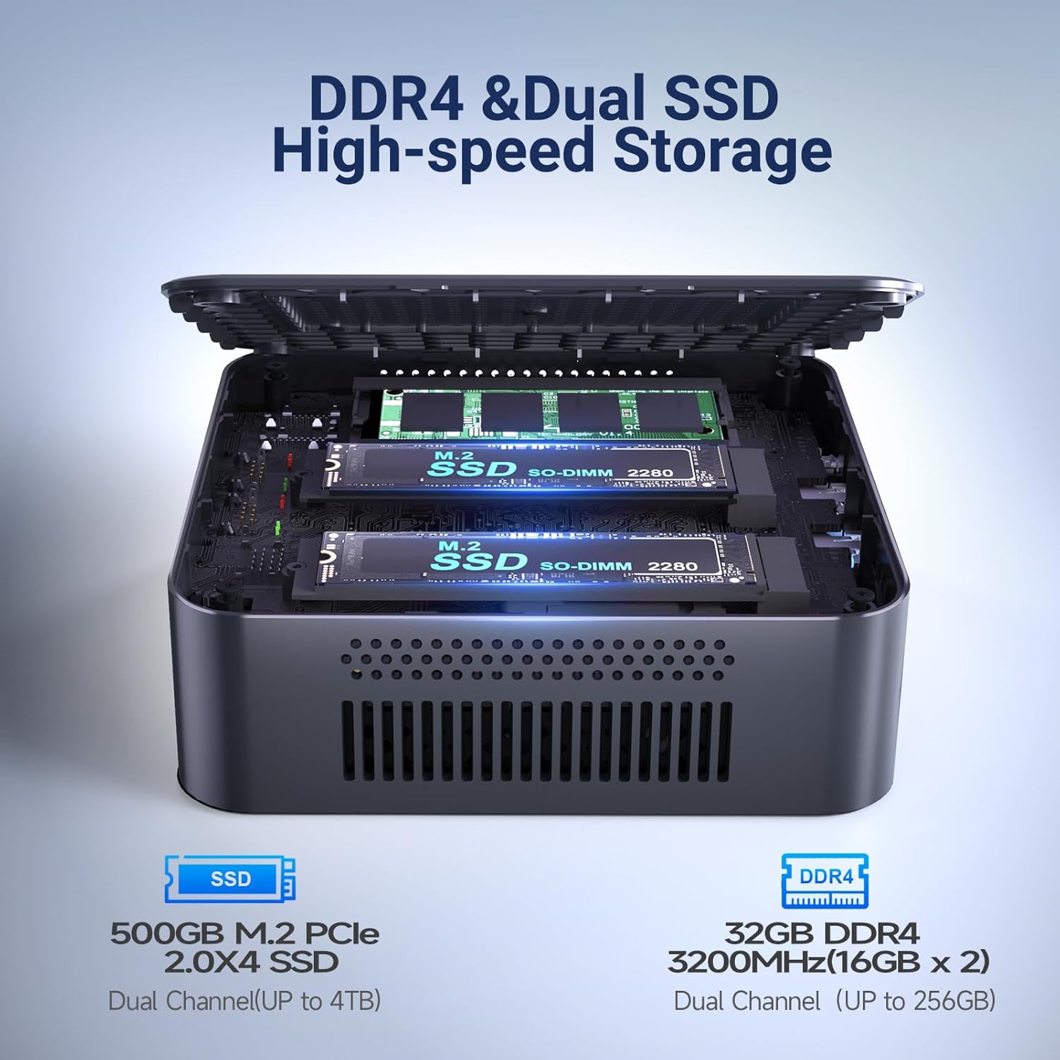 Internal view of OUMAX Mini PC showing DDR4 RAM and M.2 SSD slots.