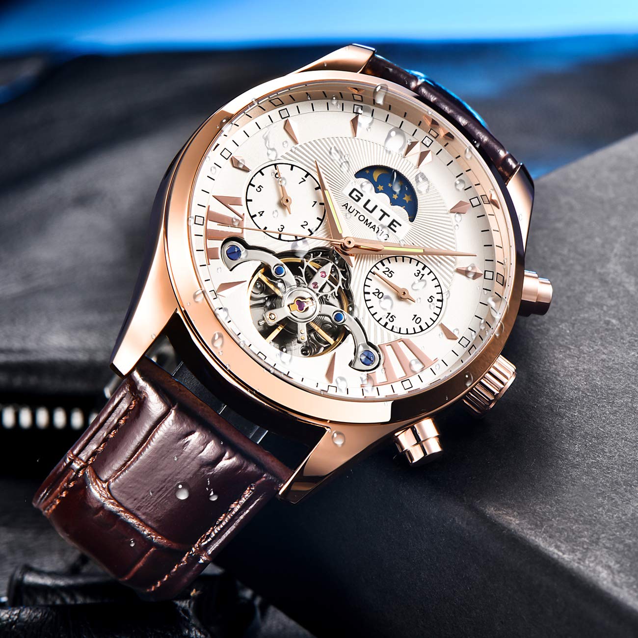 Gute Herren Uhren Mechanical Wrist Watch,wasserdichte Chronograph Männer Business Military Sport Armbanduhr mit Leder Armband,Elegant Geschenk für männer a