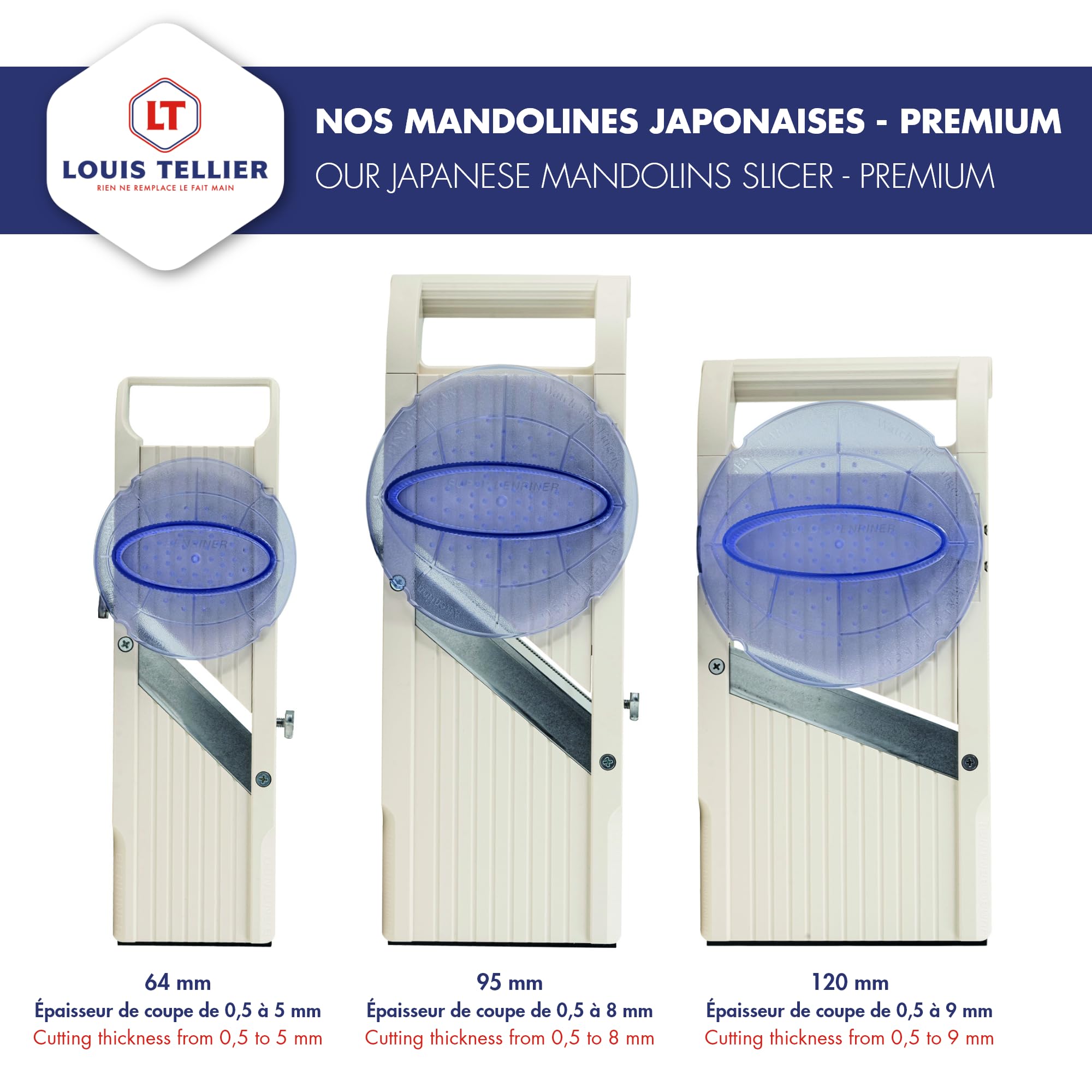 Benriner - Mandoline Japonaise Premium 64 mm + Poussoir de sécurité 65 mm - ABS + Inox - Tranche Fruits et Légumes et Réalise Frites et Juliennes - 3 Lames Interchangeables