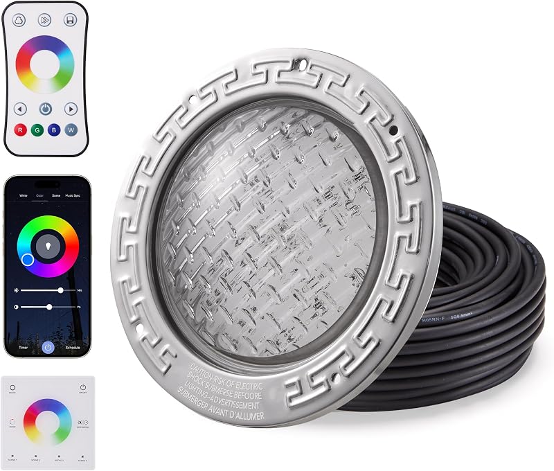 LUMORA Luz LED para pileta de 50 W para nicho húmedo de 10 pulgadas, 120 V CA, cable de 100 pies, control inteligente (aplicación/remoto/panel de pared), luz subacuática regulable RGB que cambia de color (10 pulgadas 100 pies)