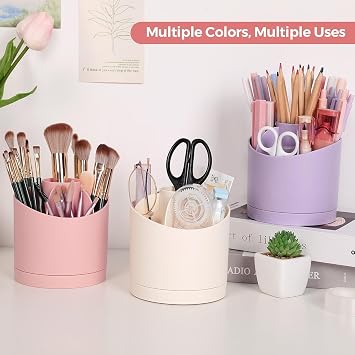 skydue 360 Degree Rotating Pencil Pen Holder for Desk, Dual-Purpose Desk Organizer, Rotating Pencil Cup with 5 Slots, Office Supplies, Desk Decor for Office, School, Home(Beige)
