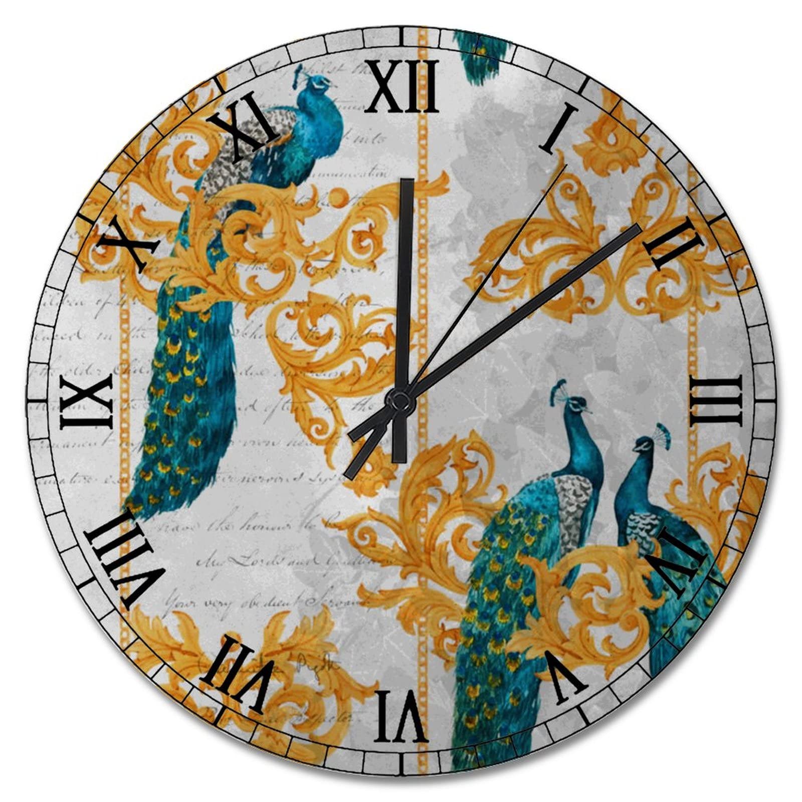 Horloge murale paon fleurs violettes, grand cadran rond 38 cm a piles pour maison style ferme