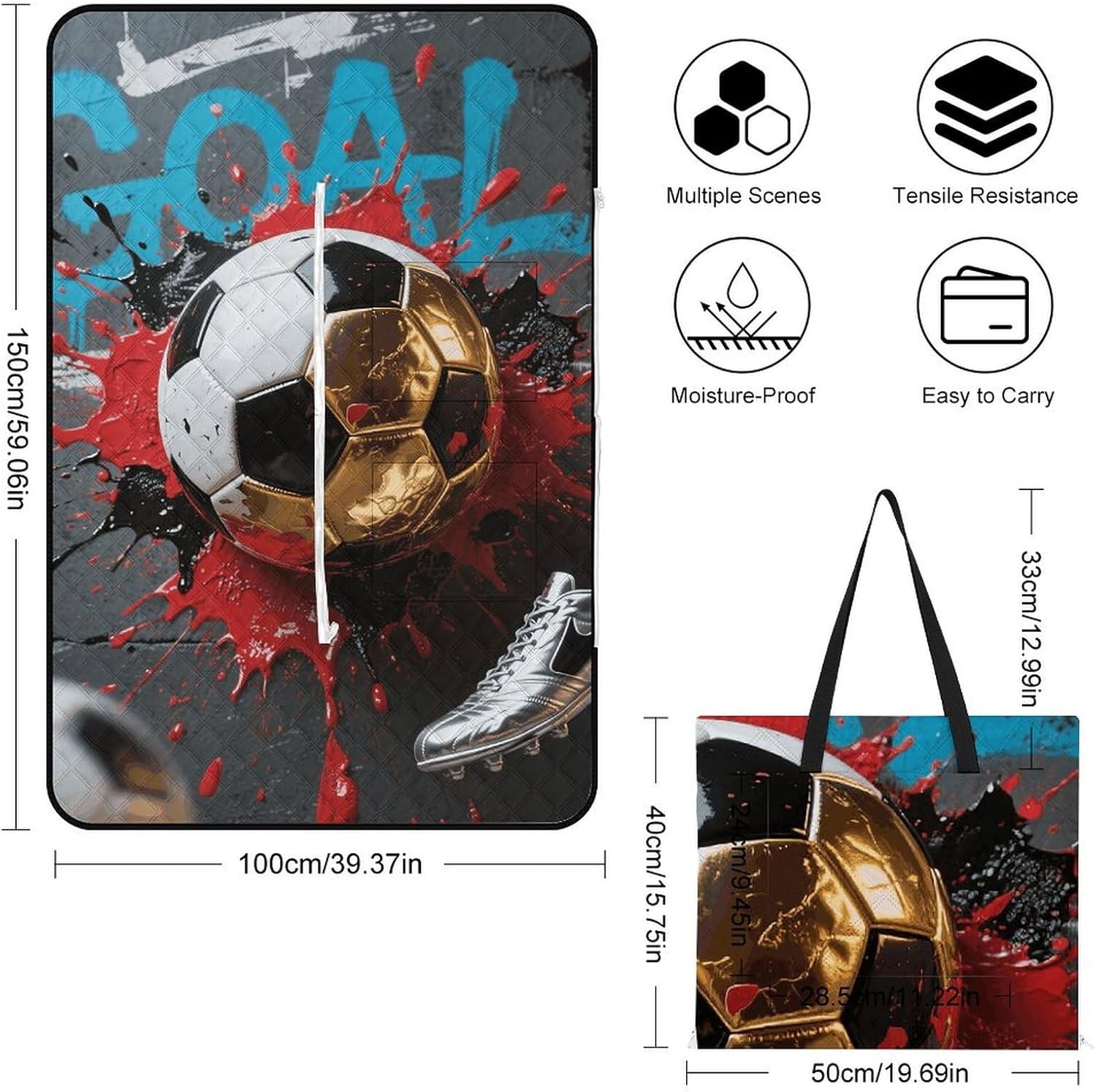Soccer Picnic Blanket 150x100cm, Foldable 2-in-1 Picnic Mat and Tote Bag Portable Waterproof Beach Mat Sandproof Outdoor Blanket for Park, Hiking, Beach, Camping, Travel
