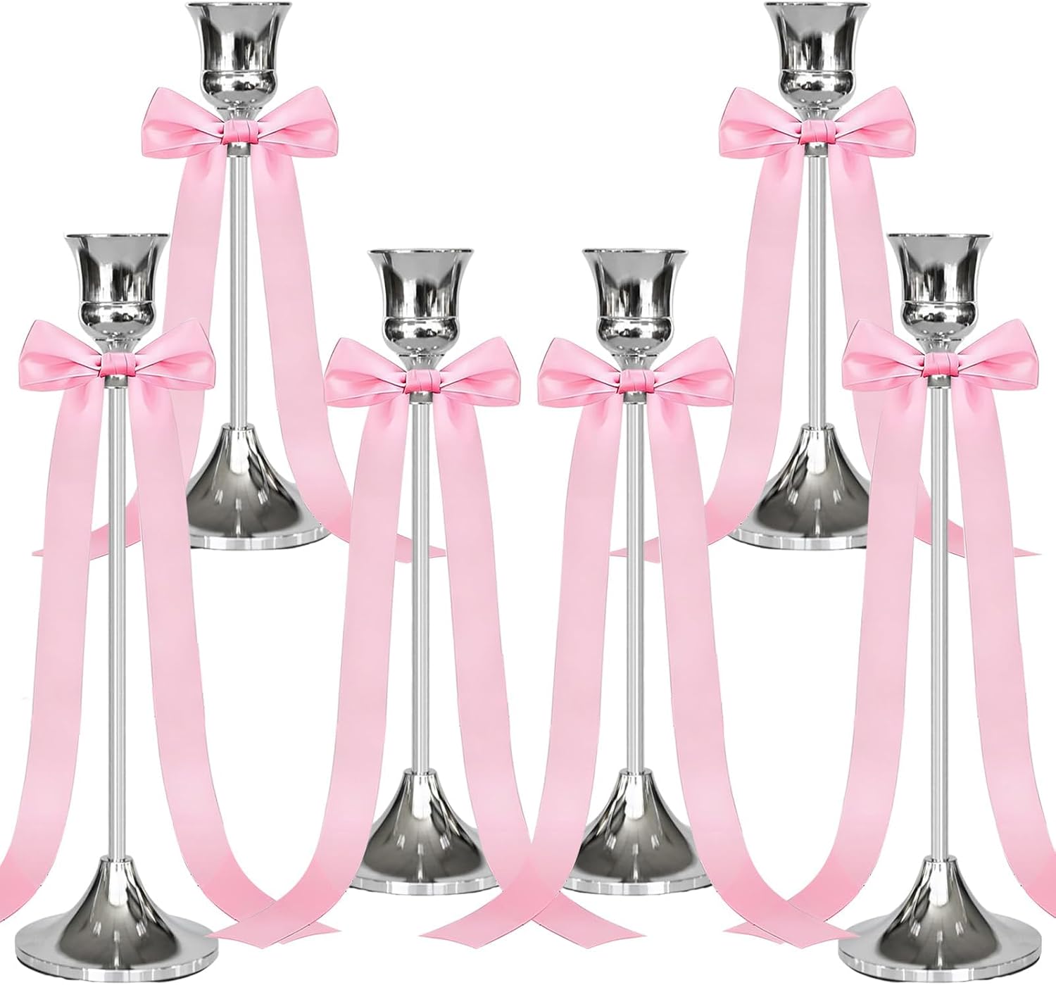 Candlestick Holders with Pink Ribbon Bows, 6pcs Metal Taper Candle Holder,Silver Candle Holders for Pillar Candles,Vintage Decor for Wedding,Fireplace, Table Mantel,Housewarming Gift
