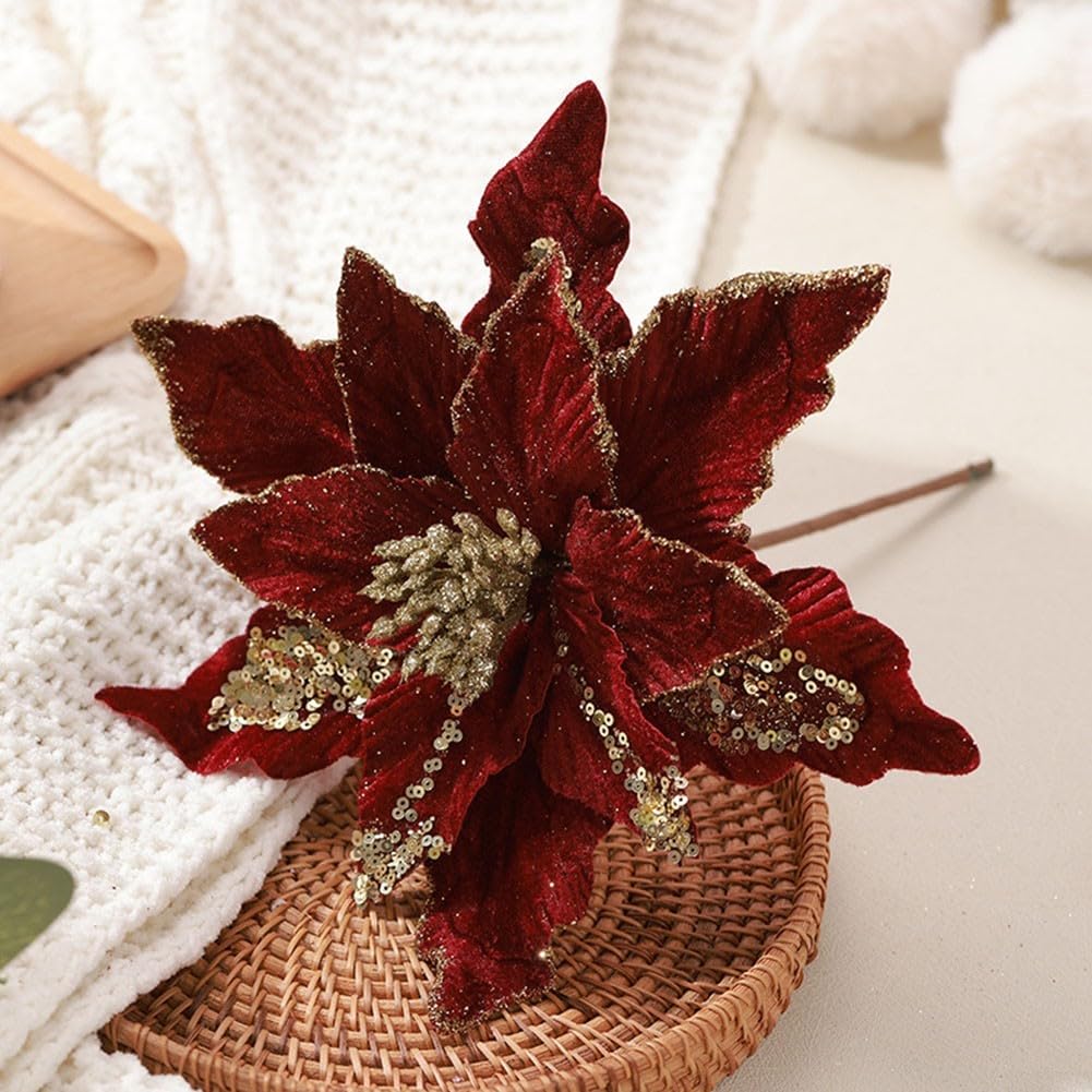 Christmas Poinsettia Flowers, 28cm Christmas Poinsettia Glitter Flower Hanging Ornaments for Wedding Xmas Party Tree Decoration(Burgundy)