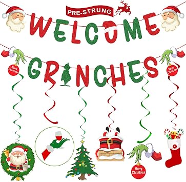 Christmas Decorations Glittery Welcome Grinches Banner, Hanging Swirls with Xmas Ornaments for Christmas Party Decor