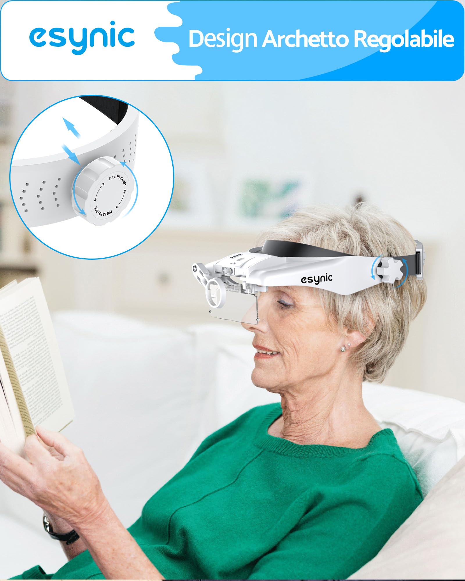 eSynic Lente di Ingrandimento Frontale con Luce 2 LED Lente d'Ingrandimento a Testa Ricaricabile con 5 Lenti 1.5-3.5X Fino a 13X Luminosità Regolabile per Ricamo Lettura Riparazione Gioielli