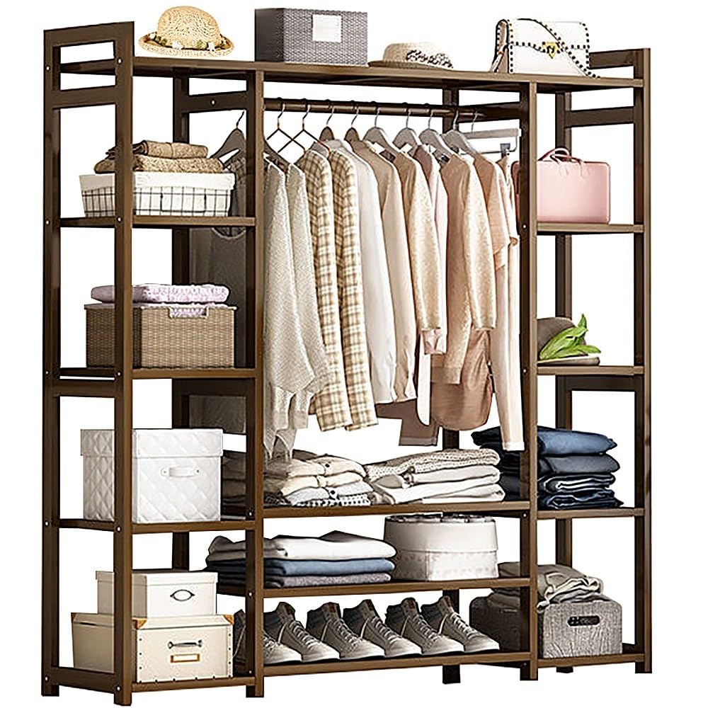 XDLEDMKIZ Bamboo Coat Rack with Storage Shelves and Garment Hanger Freestanding Clothes Stand for Bedroom and Entryway