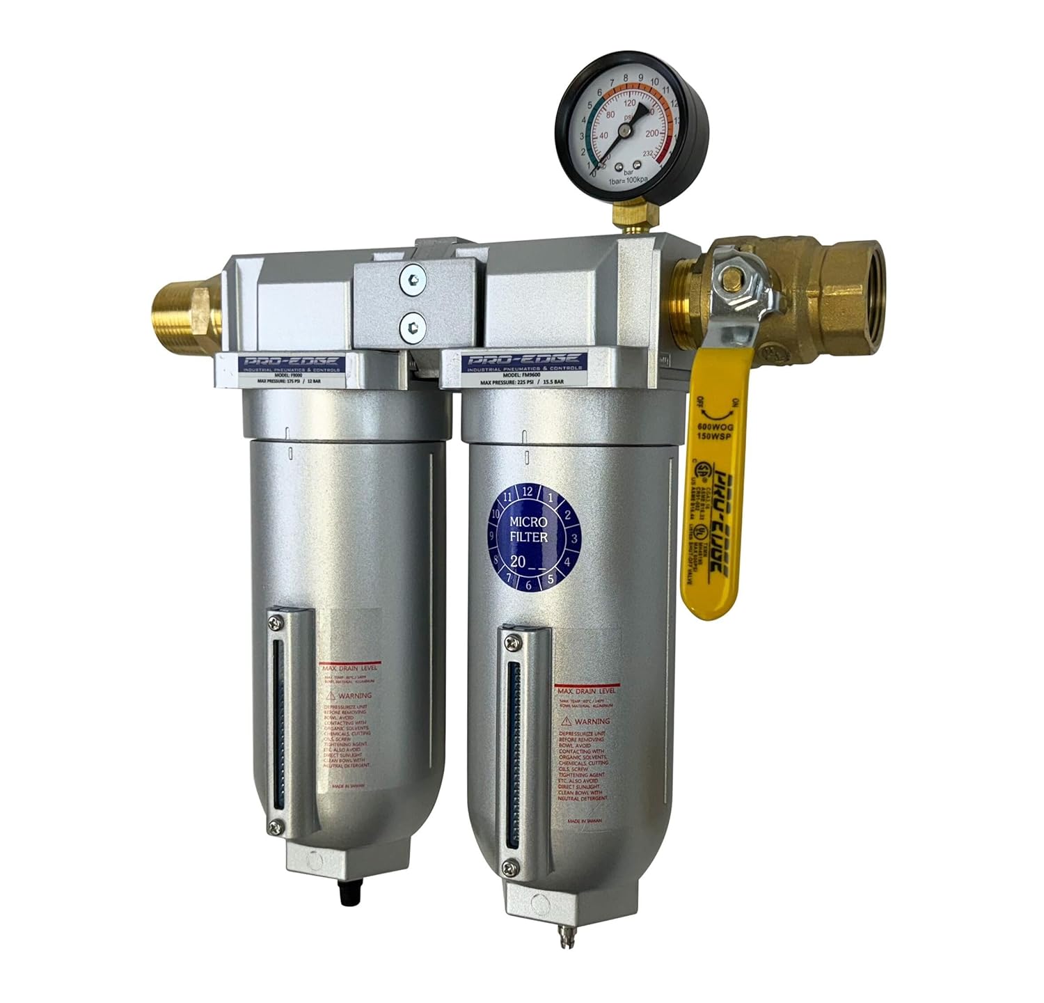 1" NPT Industrial (3-Stage) Moisture Removing Particulate Filter Water Separator and Oil, Moisture Vapor Removing Coalescing Filter and Air Pressure Regulator