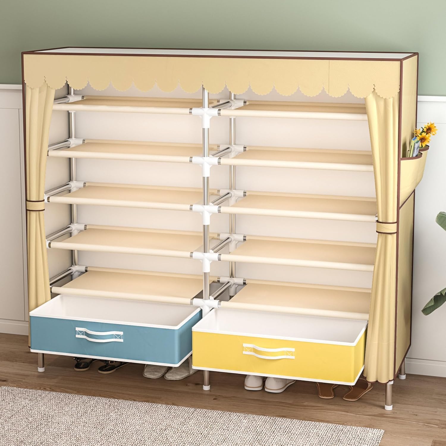 Portable Closet Wardrobe 64 Inch Freestanding Closet for Hanging Clothes Metal Wardrobe Closet Organizer Easy Assembly Stronger Load-Bearing Detachable Design Grey (Yellow-A)