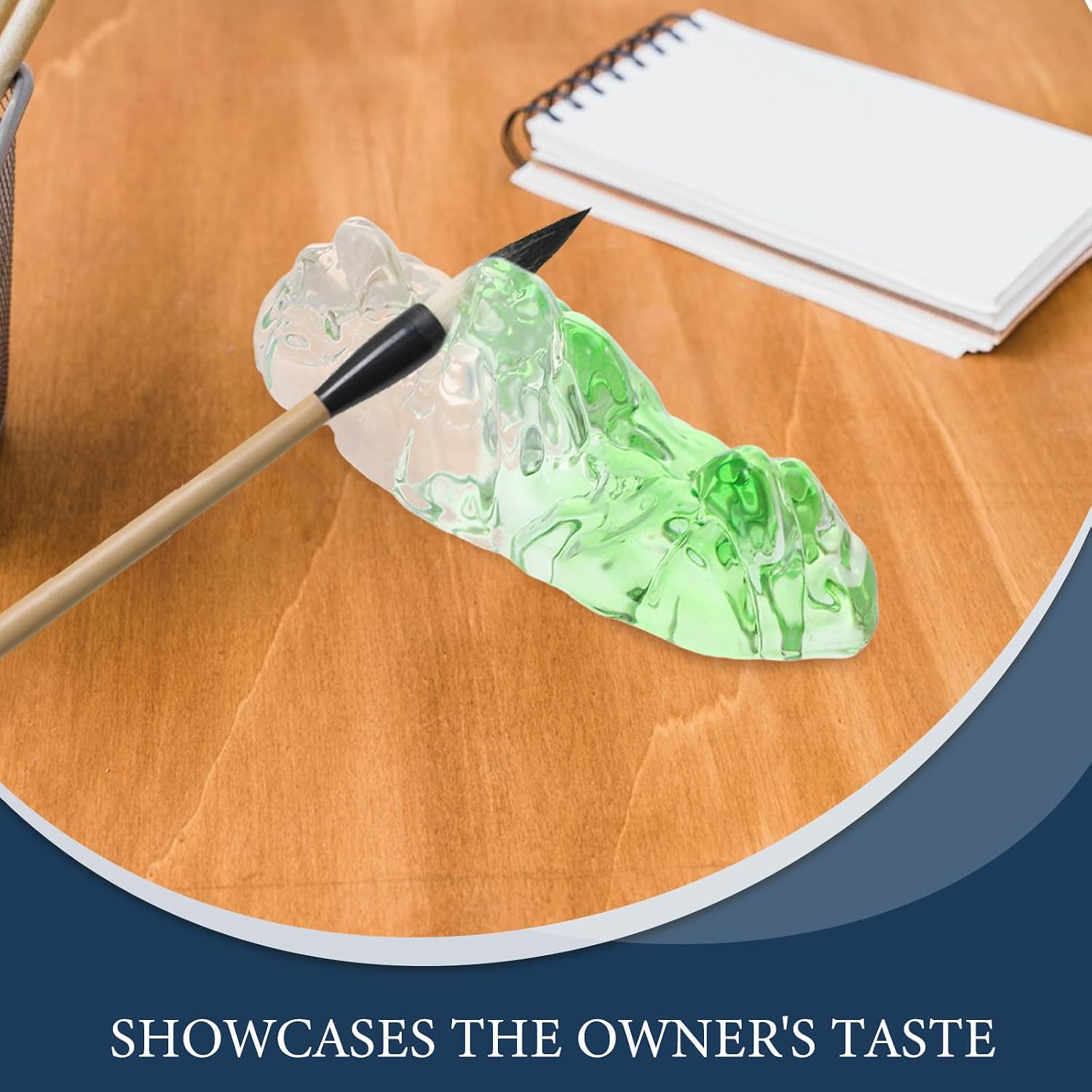 balacoo Glass Calligraphy Brush Holder with Mountain Shape, Light Green Decorative Paperweight for Workshop and Watercolor Art, Elegant Traditional Calligraphy Tools Accessory