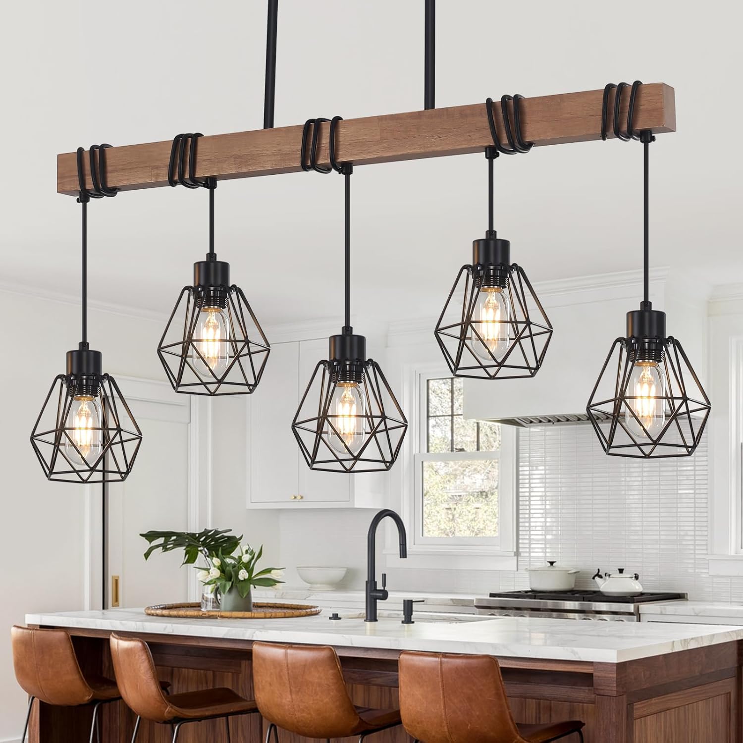 5-Light Kitchen Island Lighting, Farmhouse Linear Chandelier Dining Room Light Fixture Over Table, Wood Ceiling Pendant Light Fixtures with Metal lampshade