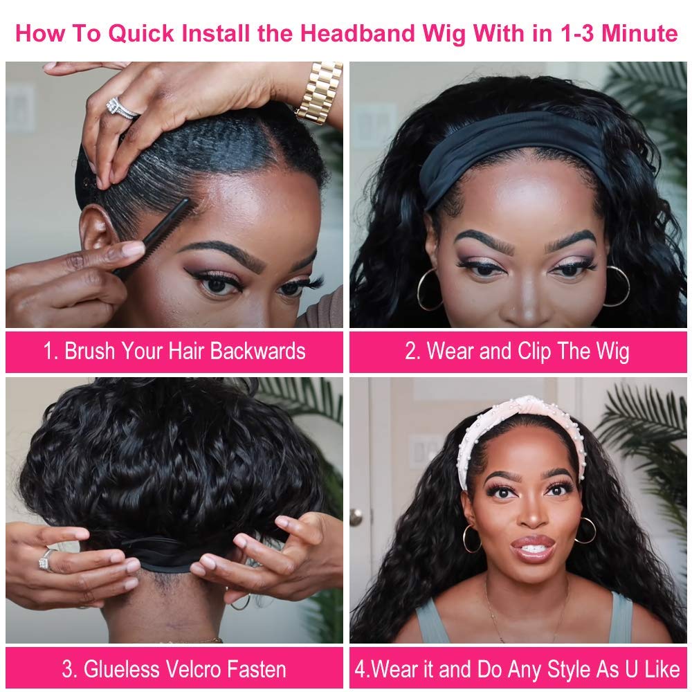 Deep Wave Headband Wig Human Hair Machine Made Headband Wig 180% Density Non Lace Front Wigs Human Hair For Black Women Glueless Machine Made Deep Curly Natural Color 26 Inch
