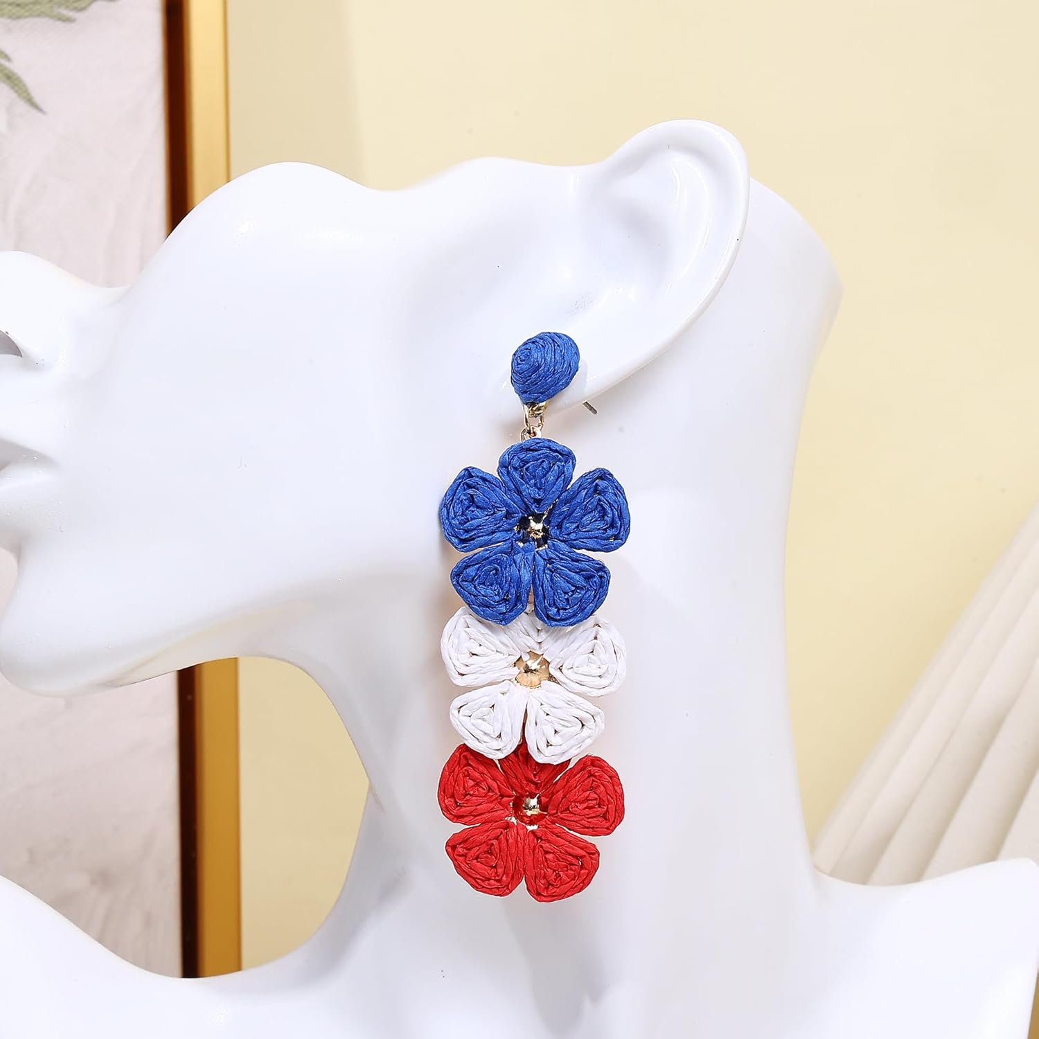 Raffia Flower Earrings For Women Dangling Statement Spring Summer Colorful Lightweight Straw Wrapped Woven Drop Dangle Floral Earrings Tropical Beachy Vacation Jewelry Handmade Accessories - Image 4
