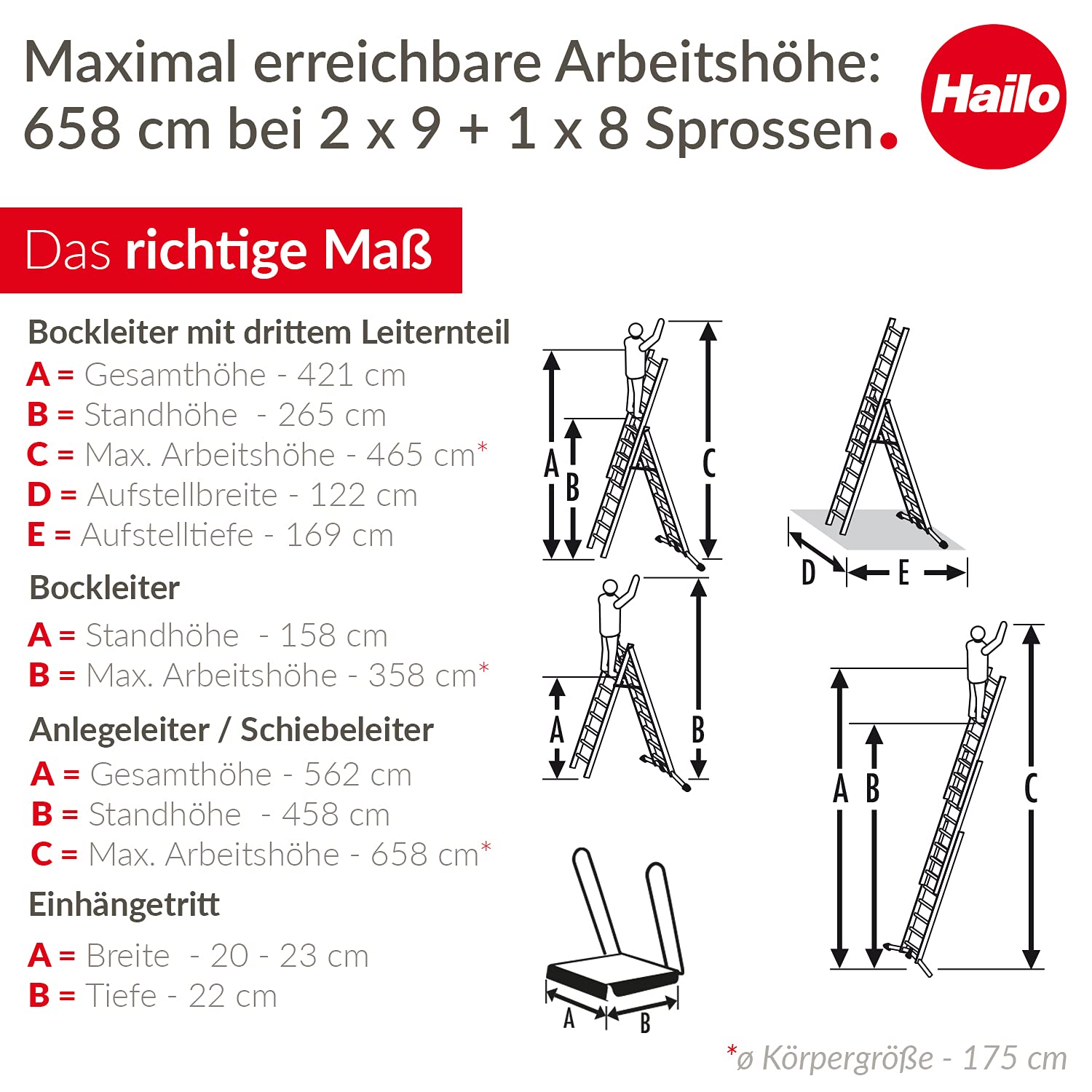 Hailo S100 ProfiLOT 3-teilige Alu-Kombileiter mit Lot-System, gleicht Unebenheiten aus, 2 x 9 + 1 x 8 profilierte Sprossen belastbar bis 150 kg, inkl. Einhängetritt, Leiter rostfrei, Silber