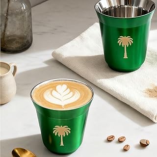 كوب قهوة من الستانلس ستيل سعة 160 مل بنمط شجرة نخيل خضراء - كوب تخييم معزول للقهوة الامريكية المثلجة والاستخدام الخارجي والشاي والهدايا