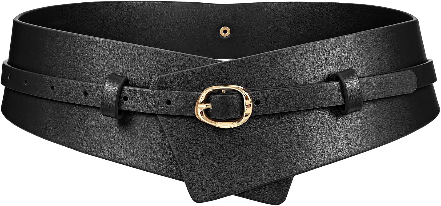 JASGOOD Women Wide Leather Belt Waistband for Dress Pant Ladies 2-in-1 Belt | 0.6”Skinny Waist Belt,2.3”Wide Belt,for Jeans Coat, Gold Buckle,Casual,Fashion,Vintage,50s,Red, Black, White,Brown,Chocolate