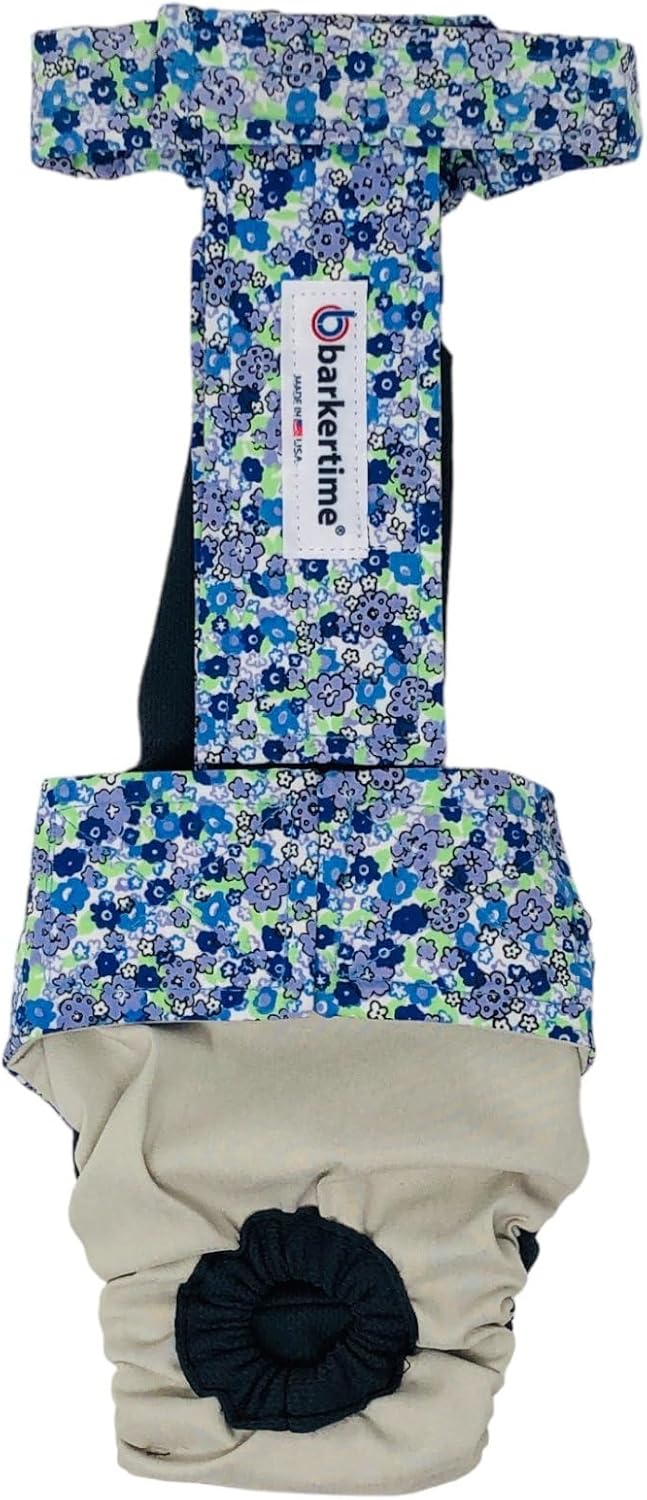 Blue Cosmos Flowers on Frosty Cream Dog Diaper Overall, XXL, with Tail Hole - Made in USA