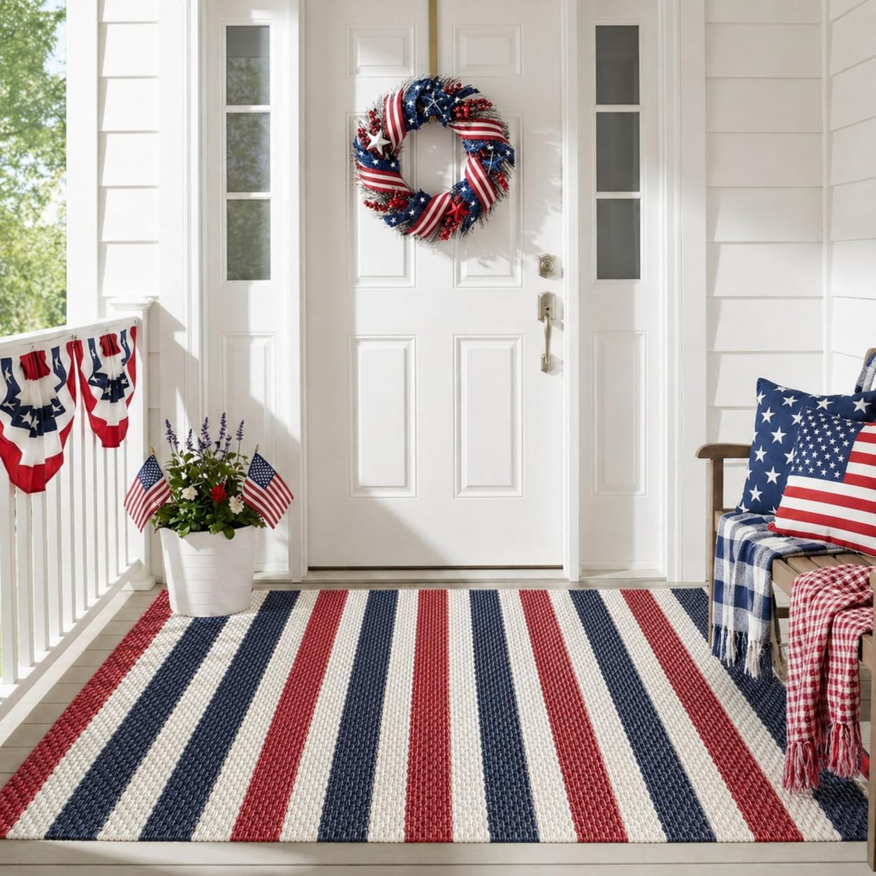 3x5ft Patriotic Outdoor Rug Waterproof Plastic Straw Patio Mat Reversible Red White and Blue Striped Area Rug for Camping RV Porch Deck Backyard 4th of July Independence Day Decorations(Strrp)