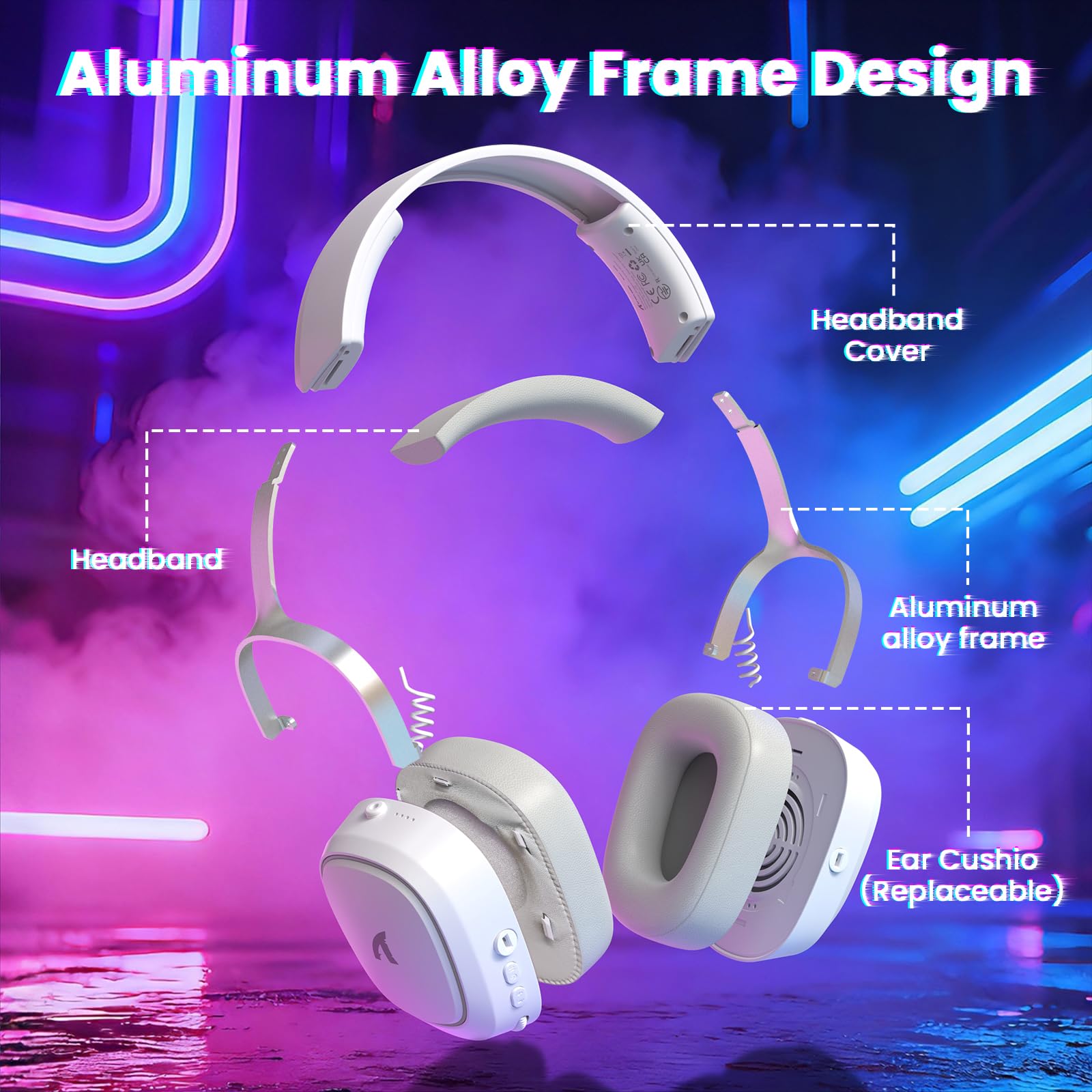 ATTACK SHARK G800 Kabelloses Gaming-Headset, Aluminiumrahmen, 7.1 Surround, Biegsames ENC-Mikrofon, Tri-Modus(2.4G/BT/3.5mm), 1000mAh, 50mm Treiber, RGB Für PC/Mac/PS- Weiß