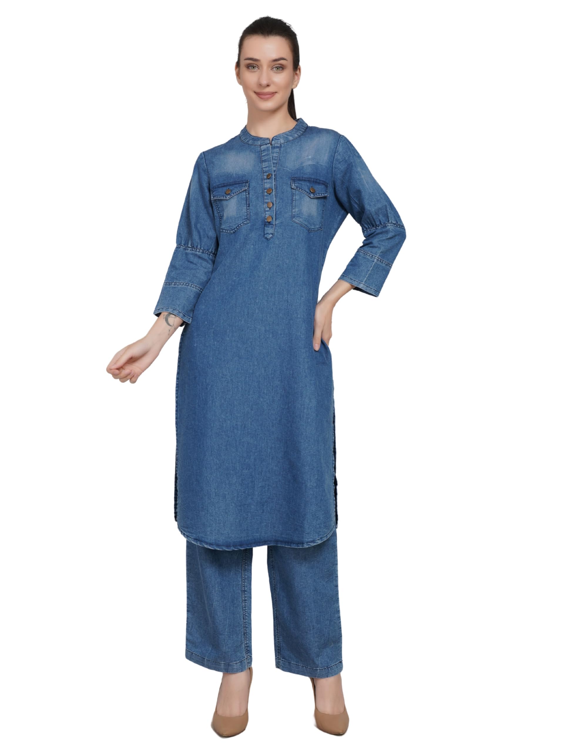 vg5 Women's Denim Cotton Long Co-ord Set with Double Pocket | Stylish Kurti and Palazzo Set | Elastic Closure | Casual & Office Wear | Elastic Closure |-picture-33