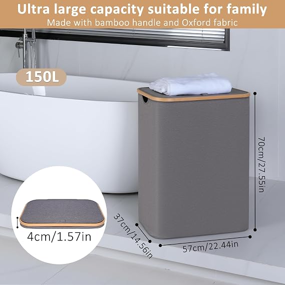 iEGrow Laundry Basket 2 Compartments 150L, Large Washing Baskets for Laundry with Removable and Washable Inner Bags, Laundry Hamper with Lid and Handle for Bedroom Laundry Room Bathroom (Grey)