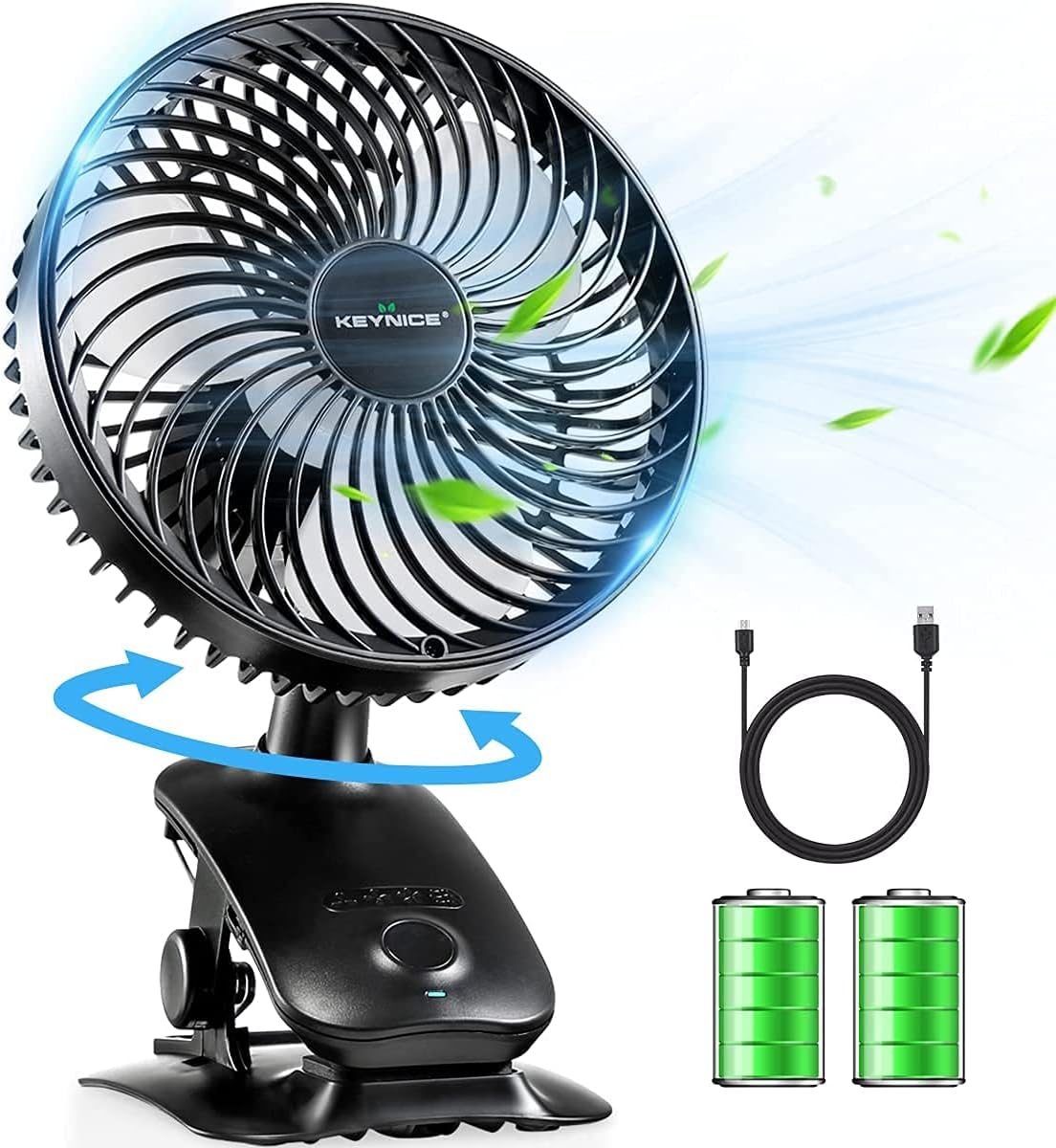 KEYNICE USB Rechargeable Personal Fan, 5000mAh Battery Operated Fan, Mini Clip on Fan for Baby Stroller, 4 Speed Adjustment, 5-28H Working Time, Auto Oscillating Desk Fan for Indoor Outdoor Office