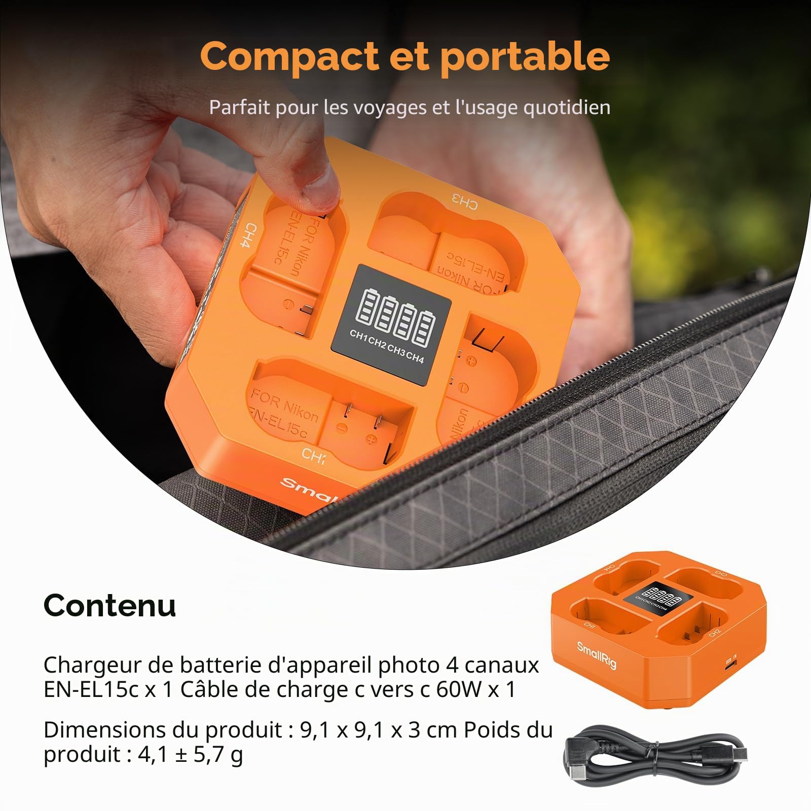 SMALLRIG EN-EL15c Chargeur de Batterie à 4 Canaux pour Nikon, Charge Rapide PD45W (3 h), Indicateur LED, Batteries pour Nikon ZR, Z6III, ZF, Z8, Z7II, Z7, Z6II, D850, D810, D780, D750, D500, D7500
