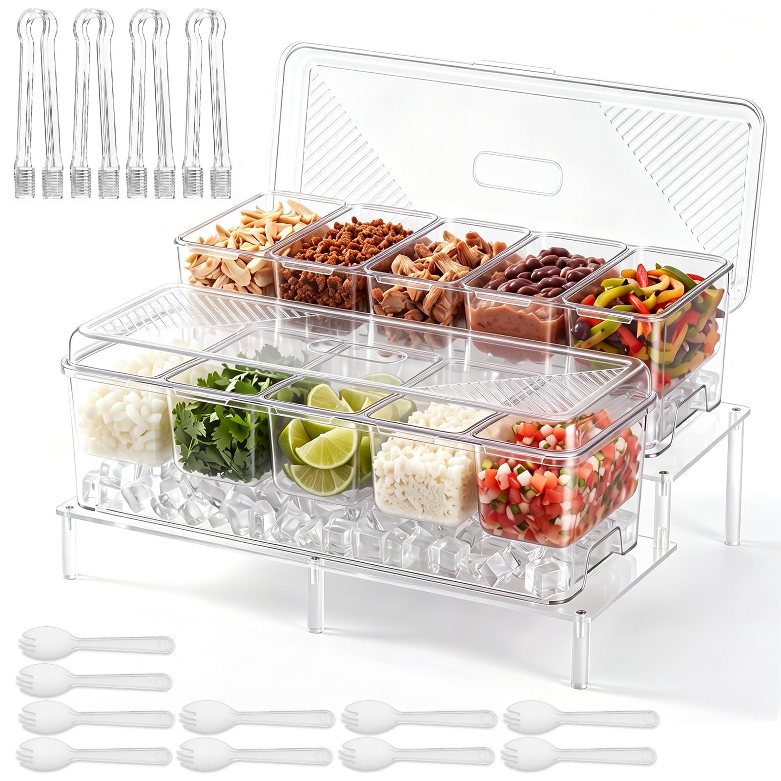 Hushee 17-teiliges Eisgekühltes Gewürz-Servier-Set enthält transparente, gekühlte Gewürzbehälter mit Deckel, abnehmbare Fächer, Acryl-Display, Regal, Servierlöffel und Clips für Barzubehör, Taco-Party