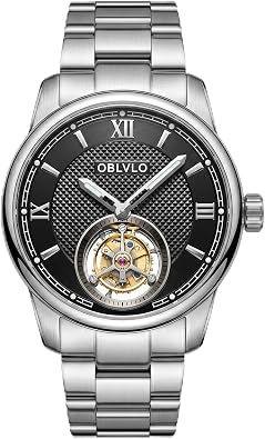 OBLVLO 316L Stainless Steel Tourbillon Mens Watch, Rose Gold Automatic Watches, Waterproof Watch for Gentlemen JM-TB