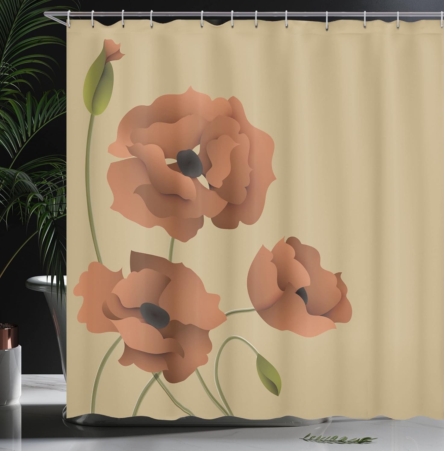 Ambesonne Floral Shower Curtain, Poppy Flowers Vivid Petals Buds Pastoral Purity Mother Earth Nature Design, Cloth Fabric Bathroom Decor Set with Hooks, 69" W x 70" L, Pale Camel