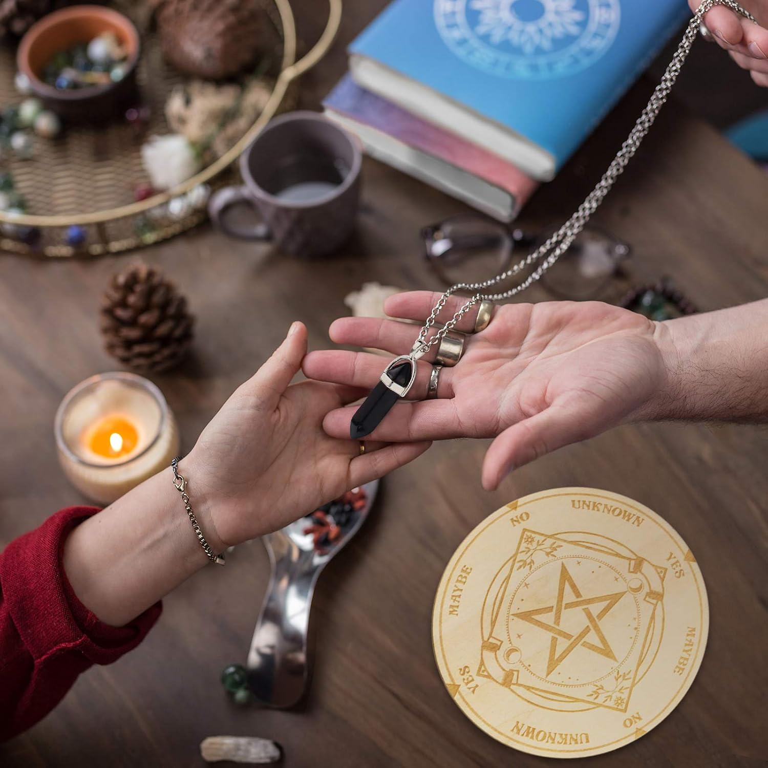 Star Pendulum Board Dowsing Divination Metaphysical Message Board Wooden Carven Board with a Crystal Dowsing Pendulum Necklace Witchcraft Wiccan Altar Supplies Kit (5.9 inches)