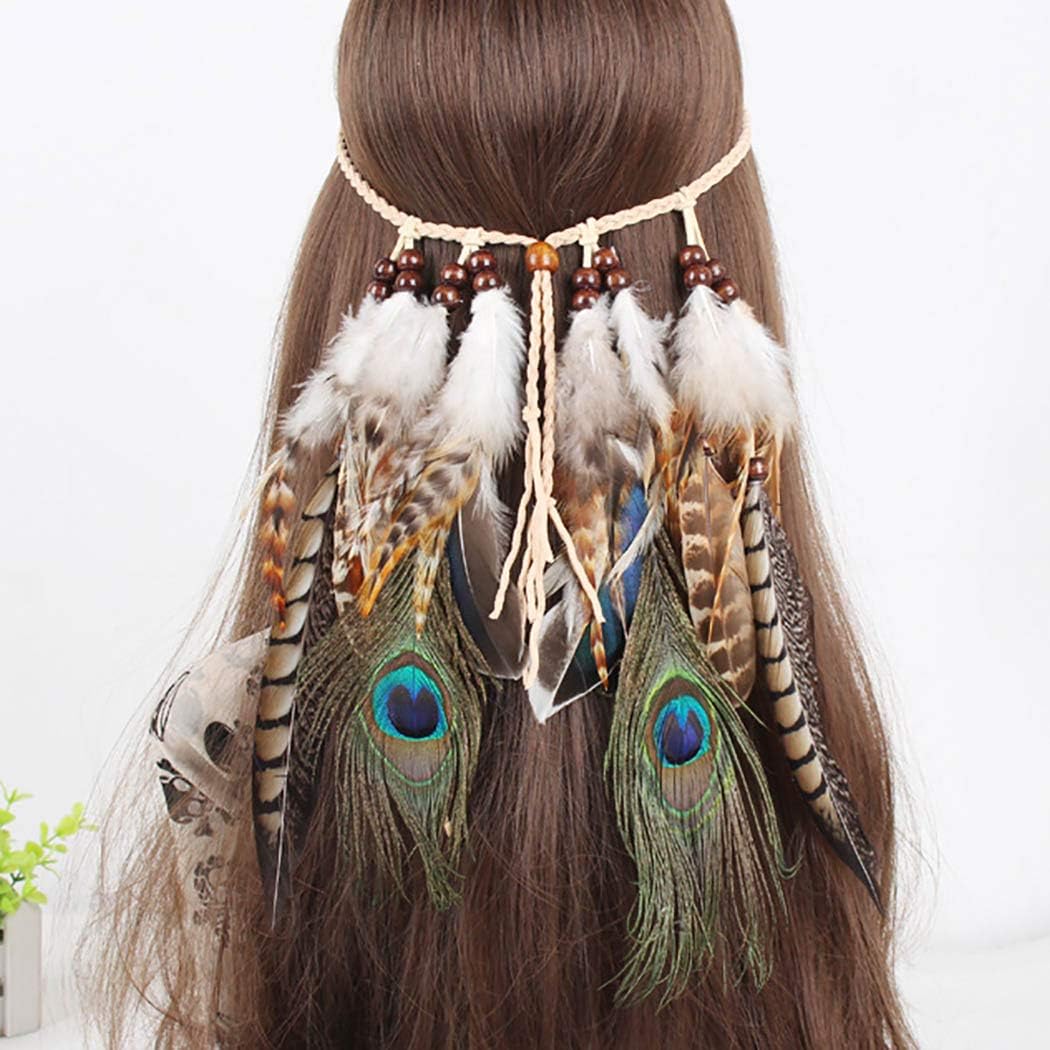 Aceorna Boho diademas de plumas de pavo real diadema precio, borlas banda de pelo ajustable hecha a mano cuerda pieza de pelo decorativa disfraz