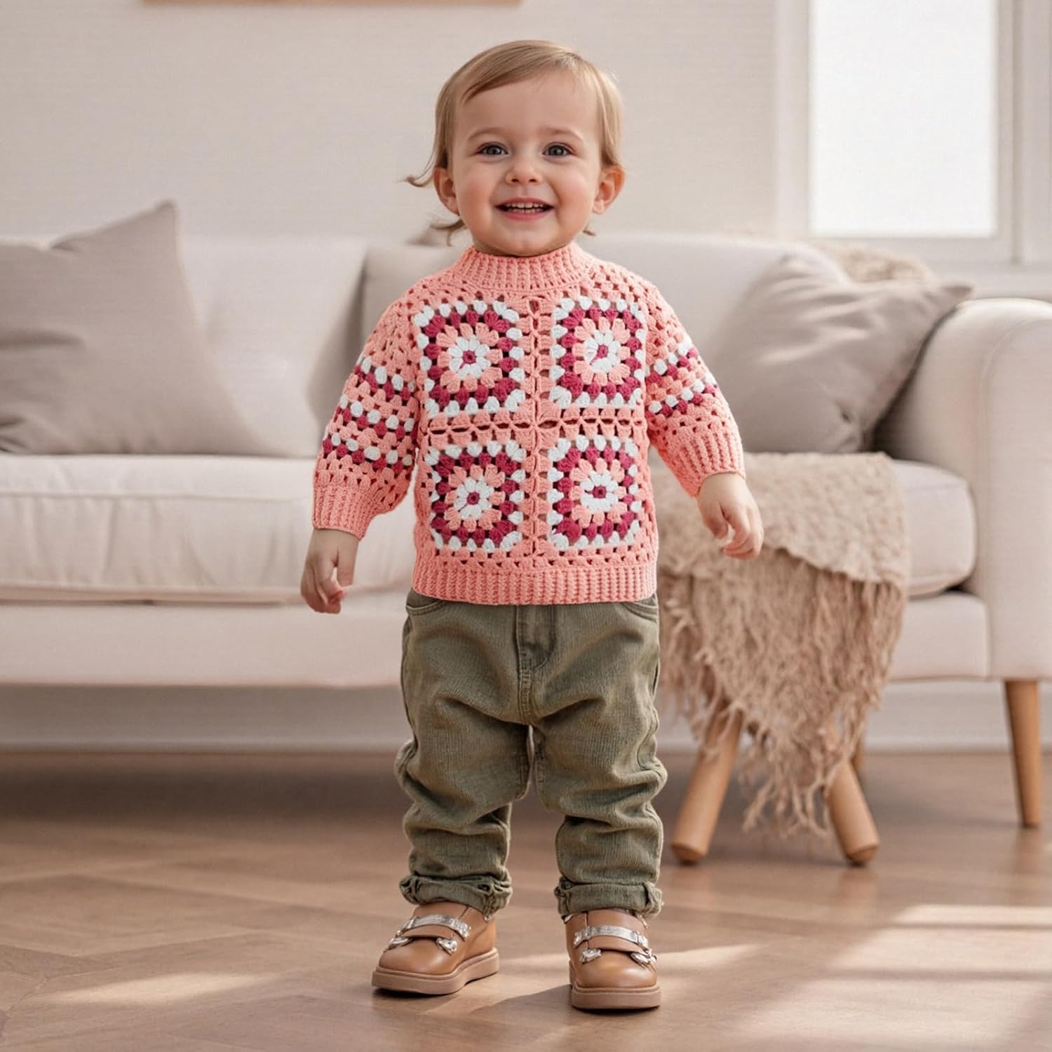 Infant Toddler Baby Girls Pullover Sweater Handmade Crochet Squarey Floral Crewneck Knitwear Fall Winter Clothes