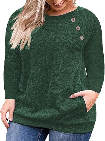 VOGRACE Plus-Size-Womens-Tops Long Sleeve Shirts with Pockets Buttons Decor Tunics Casual Blouses 1X-4X