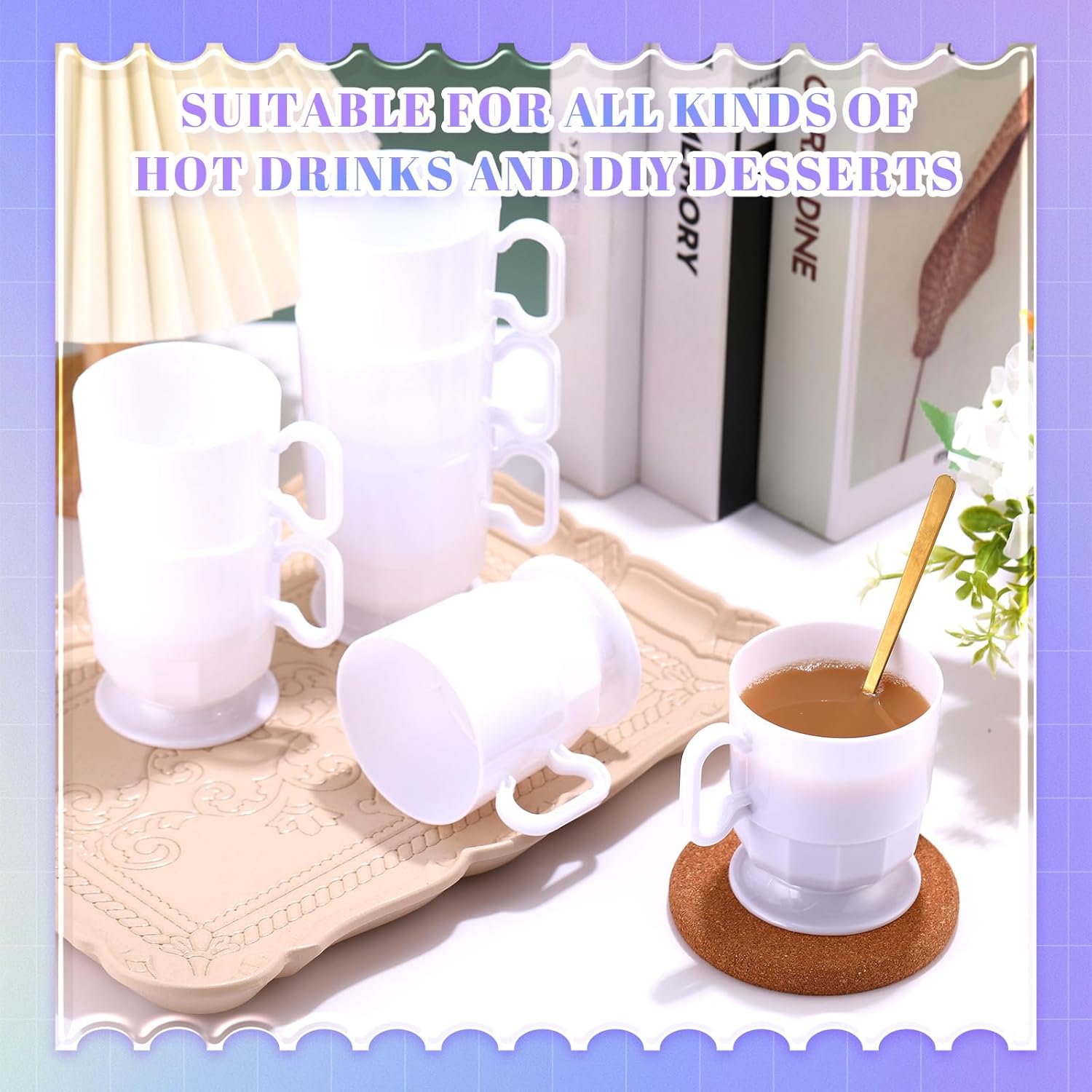 Dandat 50 Pcs White Hard Plastic Coffee Cup Tea Party Cup with Handle 8 oz Disposable Coffee Mug Bulk Reusable Espresso Mug for Tea Party School DIY Craft Birthday Dessert - Image 4