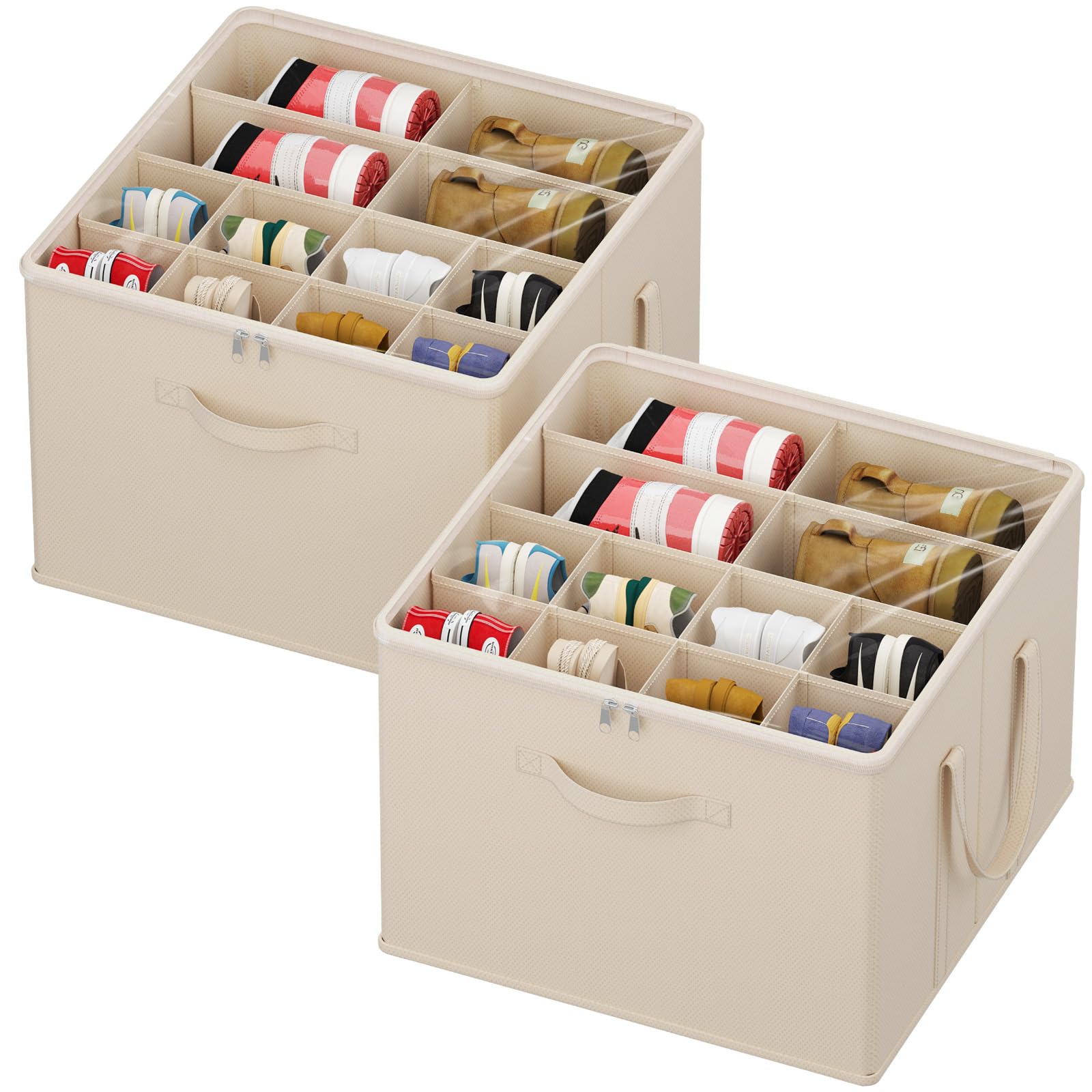Lifewit Organizer Scarpe Armadio Pieghevole, Scatole per Scarpe Salvaspazio con Coperchio per 12-16 Paia, Shoes Organizer con Supporto Inferiore e Manici Rinforzati, Beige, Set di 2 per 24-32 Paia