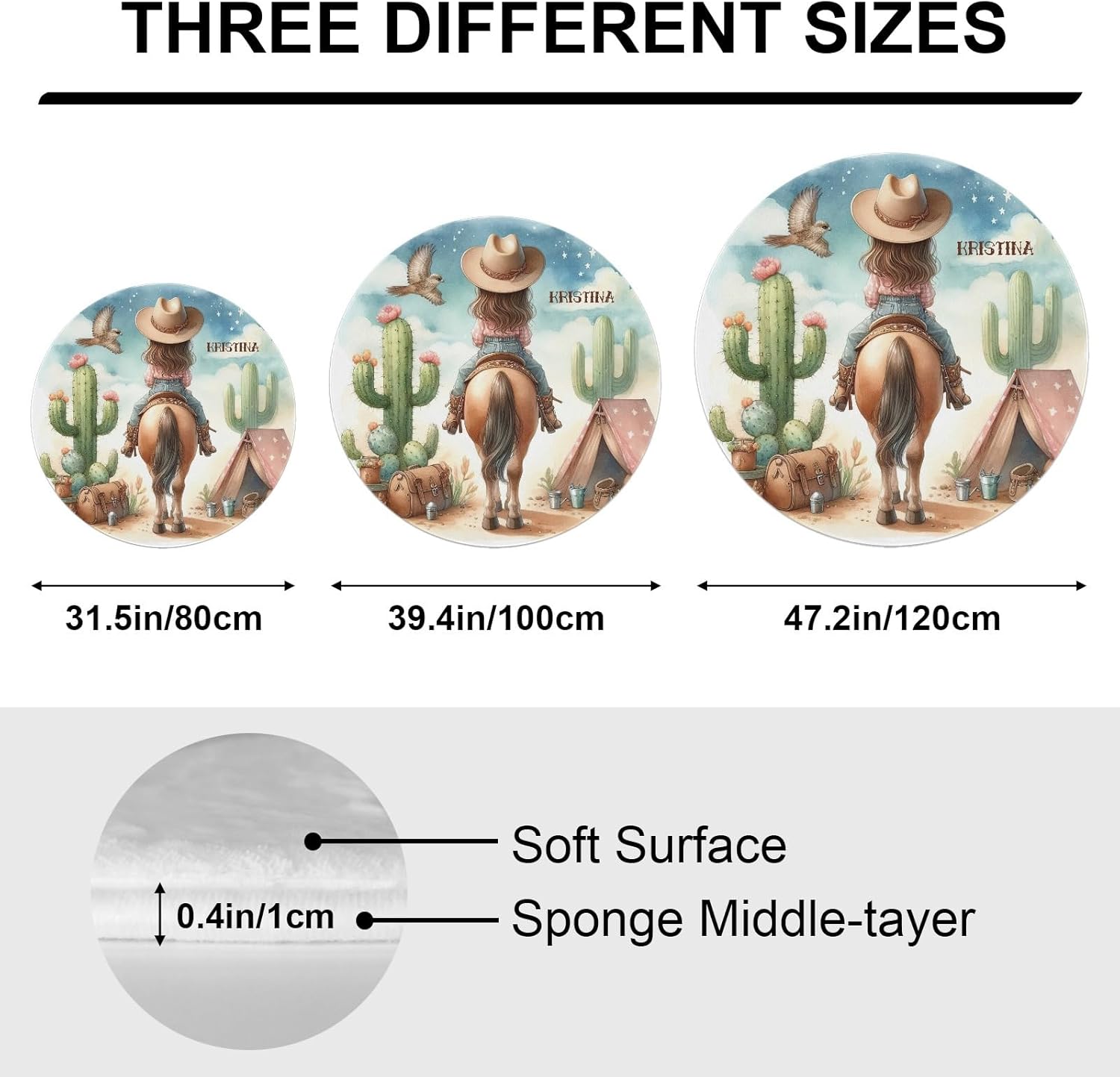Western Rustic Cowboy Kids Area Rug for Playroom, Wild West Cowgirl Kids Classroom Carpet Rug, Custom Name Washable Play Mat Rug for Children Nursery Toddler Room Decor 80CM