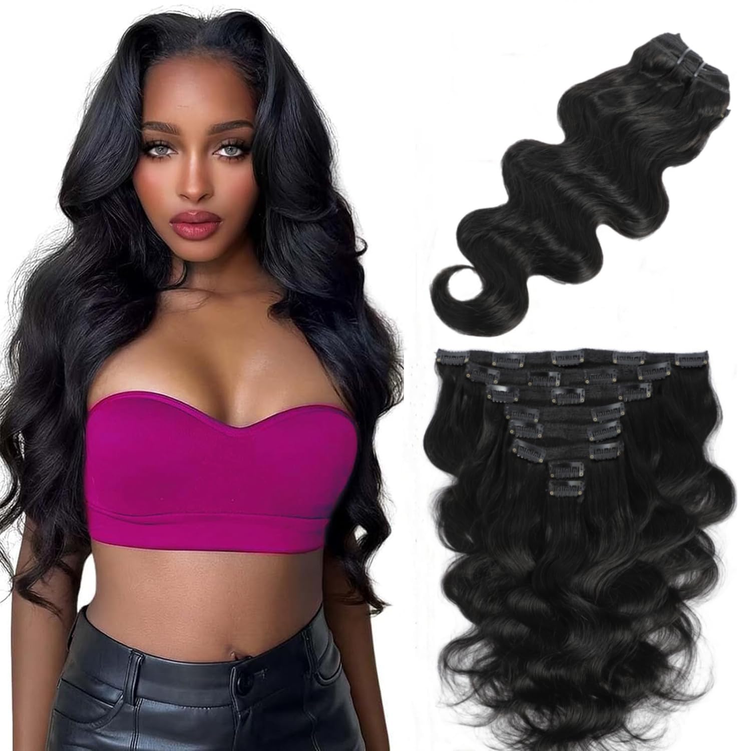 LUMIERE Body Wave Clip In Hair Extensions Real Human Hair Seamless Clip In Hair Extensions For Black Women 120g Grade 10A Brazilian Remy Hair 8Pcs With 20Clips Double Wefts Natural Black 24 Inch