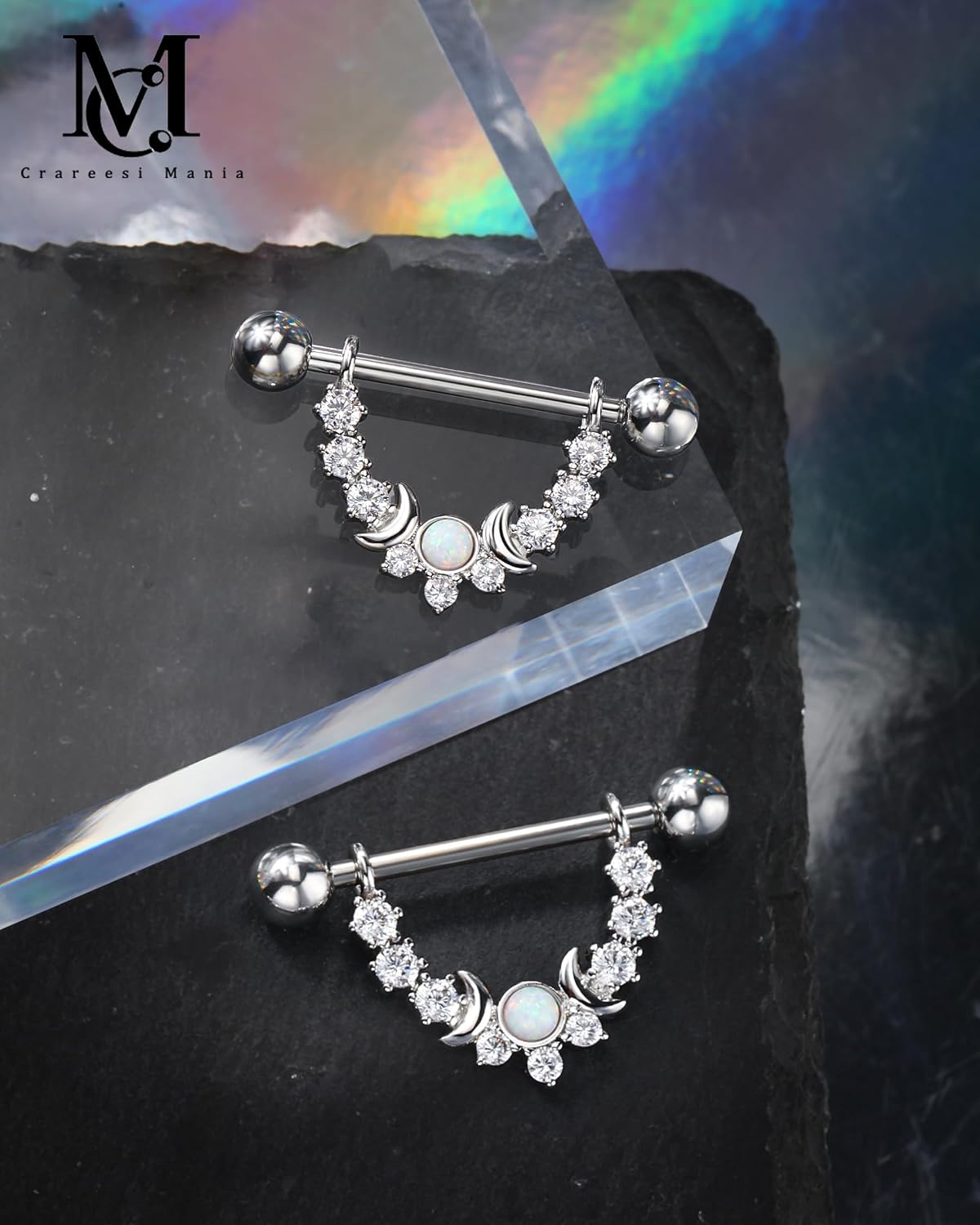 CM Crareesi Mania Opal Nipple Rings 316L Stainless Steel Nipple Shield Ring for Women 14G Moon Phase Nipple Piercing Jewelry
